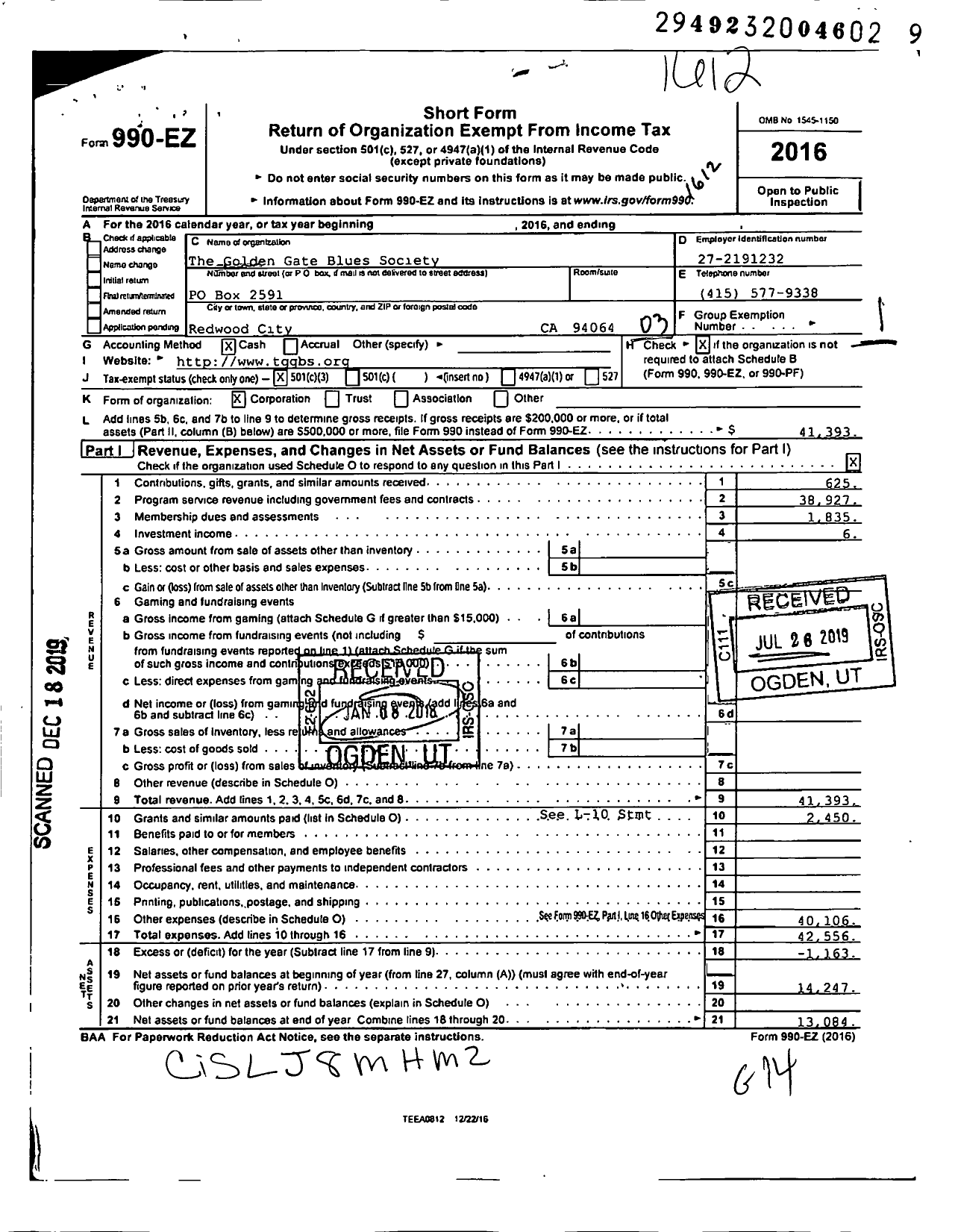 Image of first page of 2016 Form 990EZ for Golden Gate Blues Society