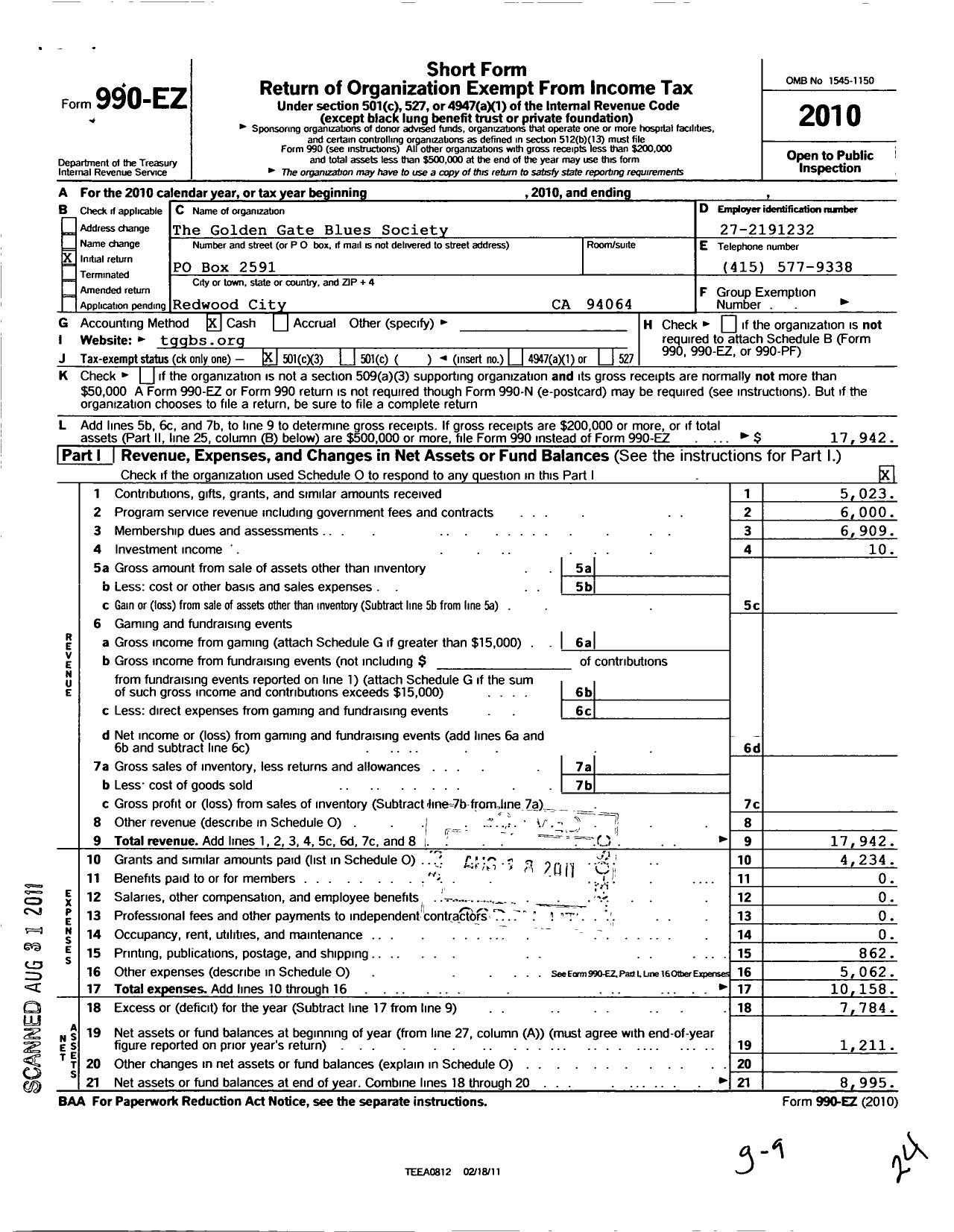 Image of first page of 2010 Form 990EZ for Golden Gate Blues Society