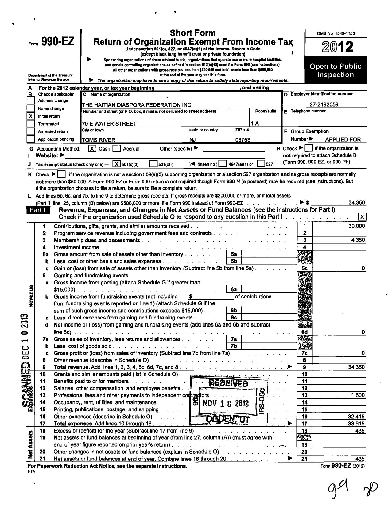 Image of first page of 2012 Form 990EZ for Haitian Diaspora Federation
