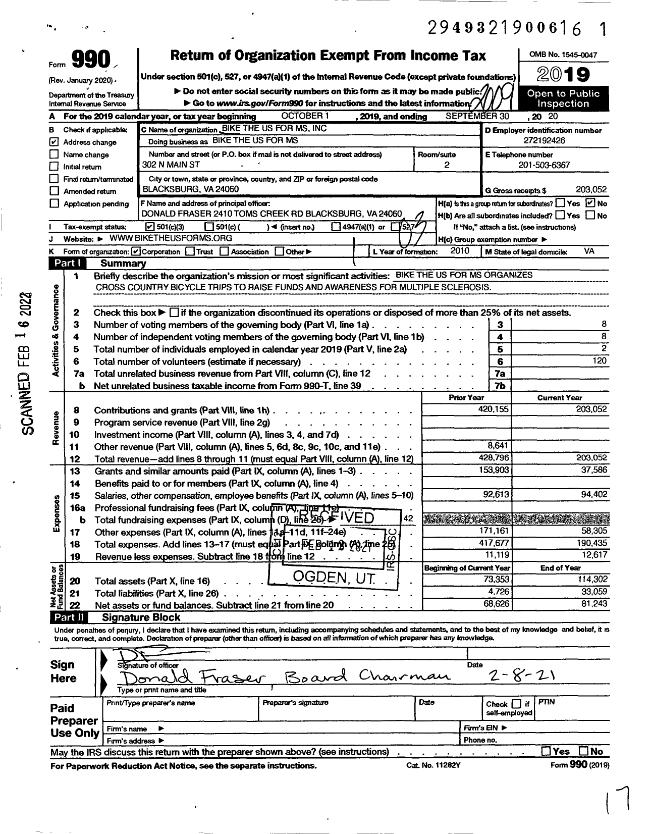 Image of first page of 2019 Form 990 for Bike the Us for MS