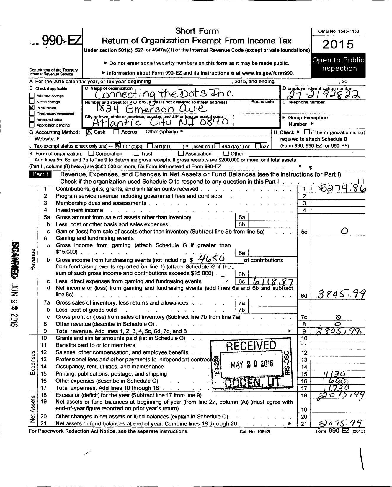 Image of first page of 2015 Form 990EZ for Connecting the Dots