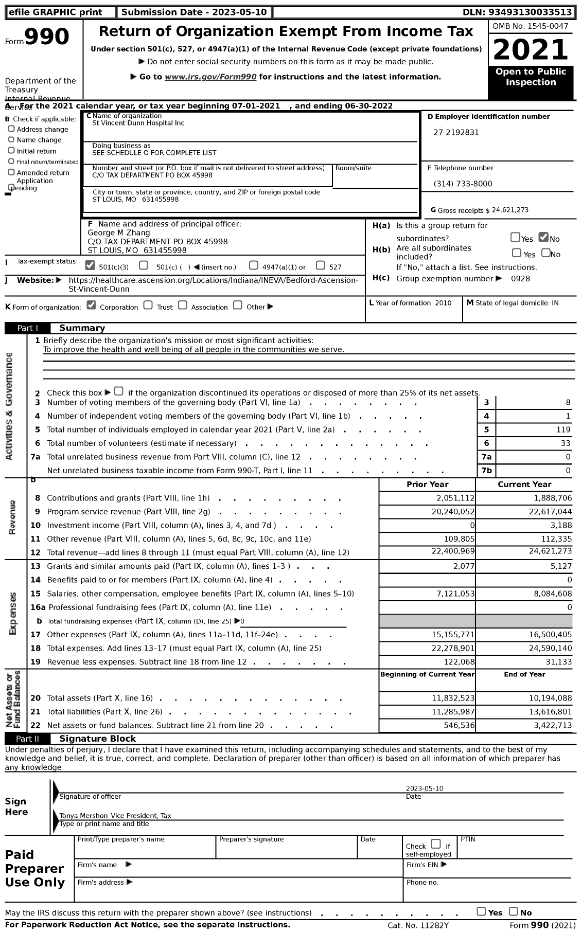 Image of first page of 2021 Form 990 for St Vincent Dunn Hospital