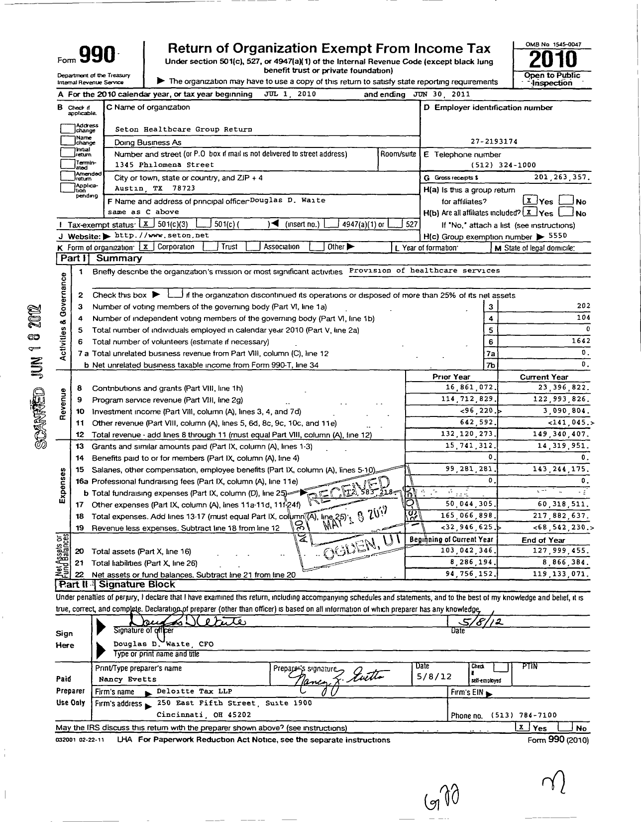Image of first page of 2010 Form 990 for Seton Healthcare Group Return