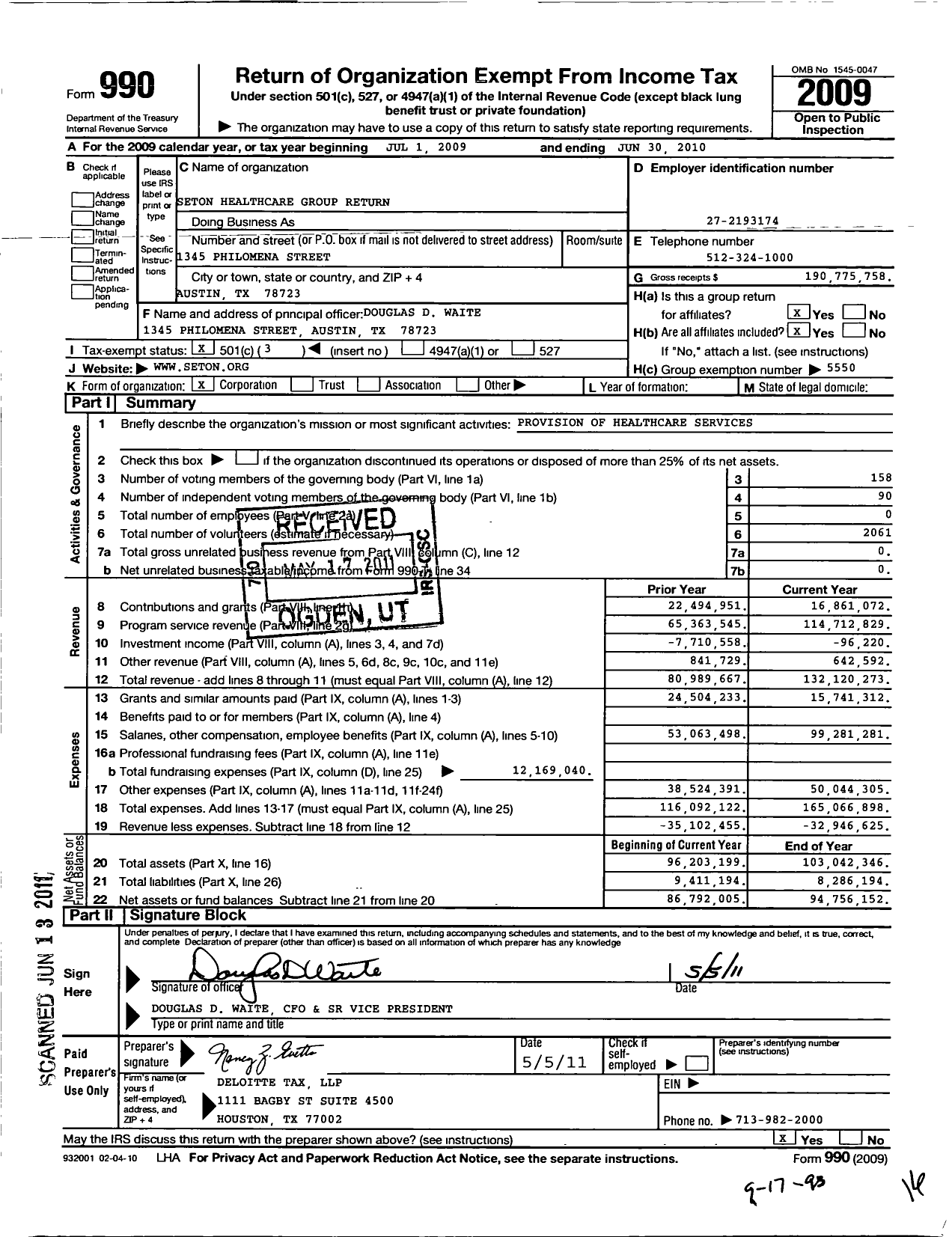 Image of first page of 2009 Form 990 for Seton Healthcare Group Return