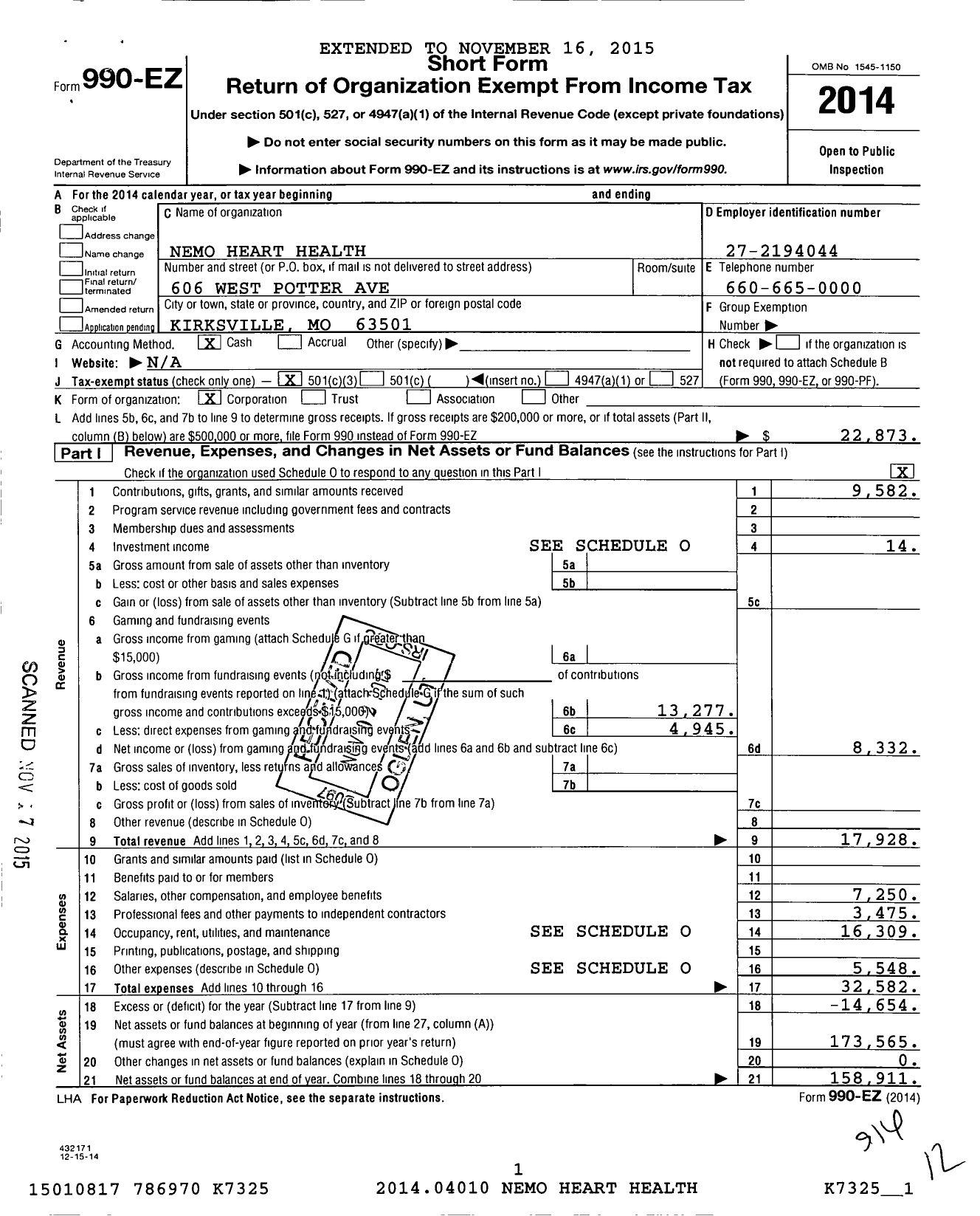 Image of first page of 2014 Form 990EZ for Nemo Heart Health