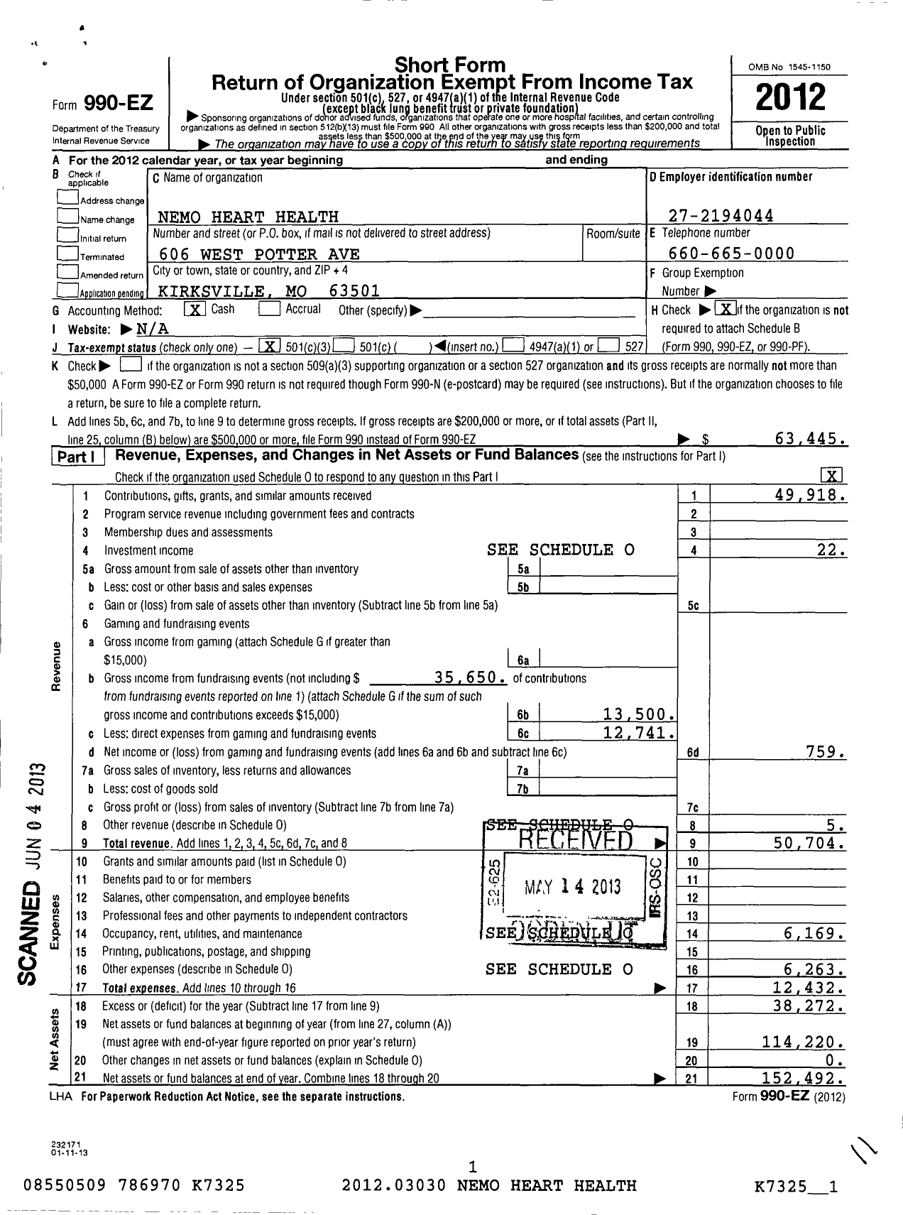 Image of first page of 2012 Form 990EZ for Nemo Heart Health