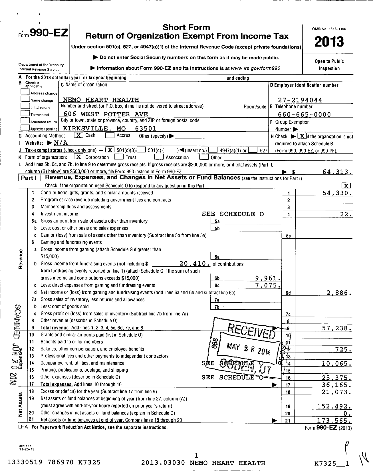 Image of first page of 2013 Form 990EZ for Nemo Heart Health