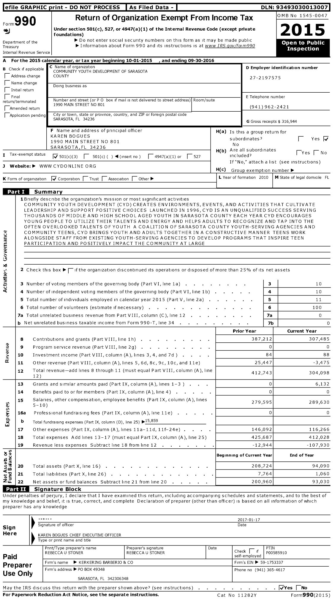 Image of first page of 2015 Form 990 for Community Youth Development of Sarasota County