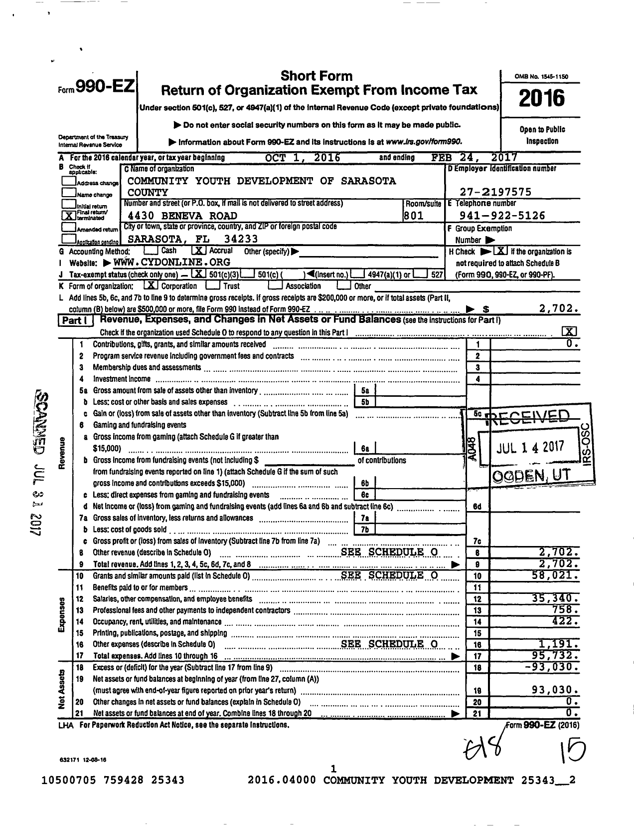 Image of first page of 2016 Form 990EZ for Community Youth Development of Sarasota County