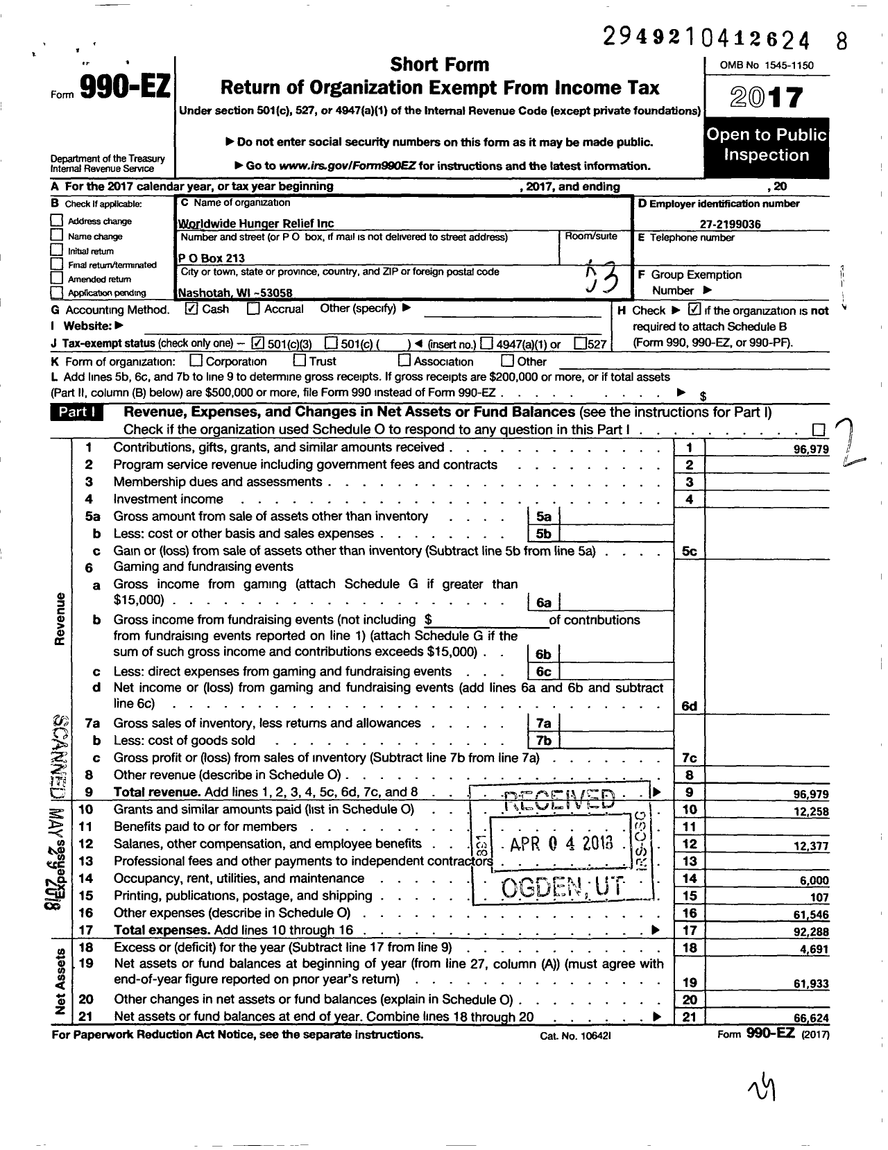 Image of first page of 2017 Form 990EZ for Worldwide Hunger Relief