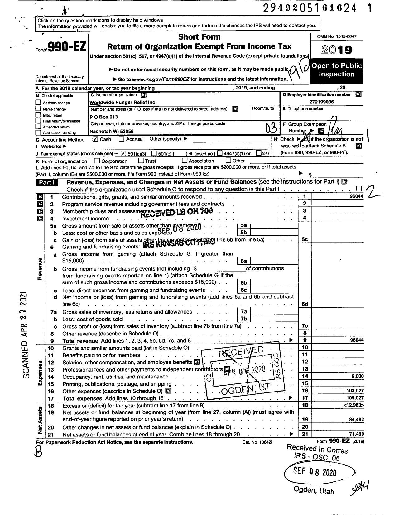 Image of first page of 2019 Form 990EZ for Worldwide Hunger Relief