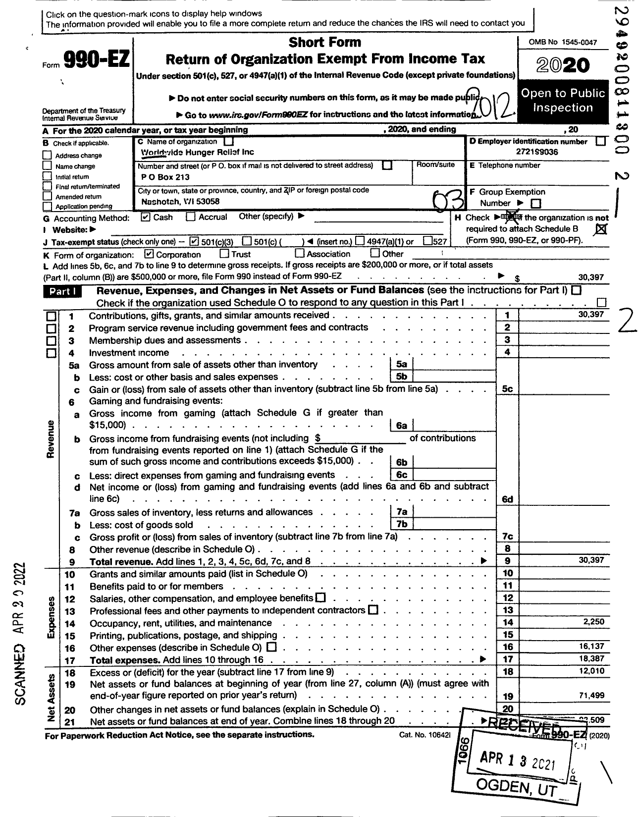 Image of first page of 2020 Form 990EZ for Worldwide Hunger Relief