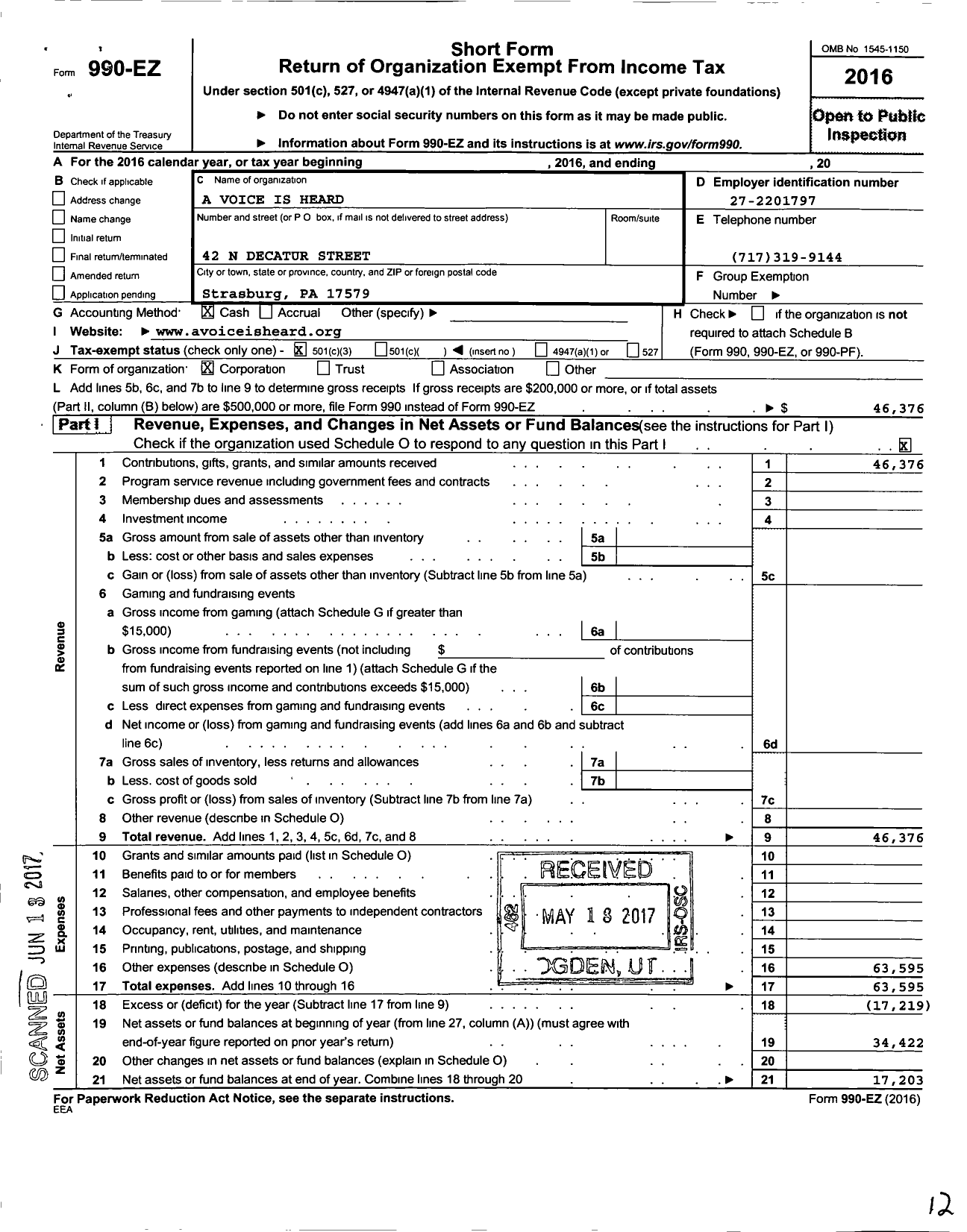 Image of first page of 2016 Form 990EZ for A Voice Is Heard