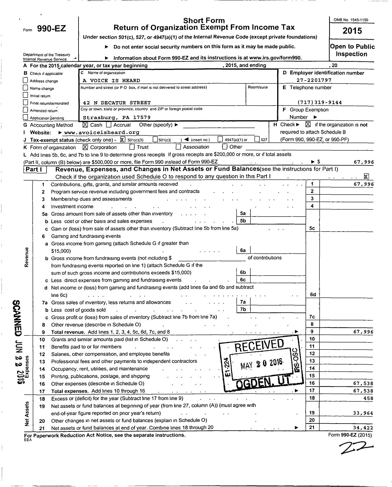 Image of first page of 2015 Form 990EZ for A Voice Is Heard