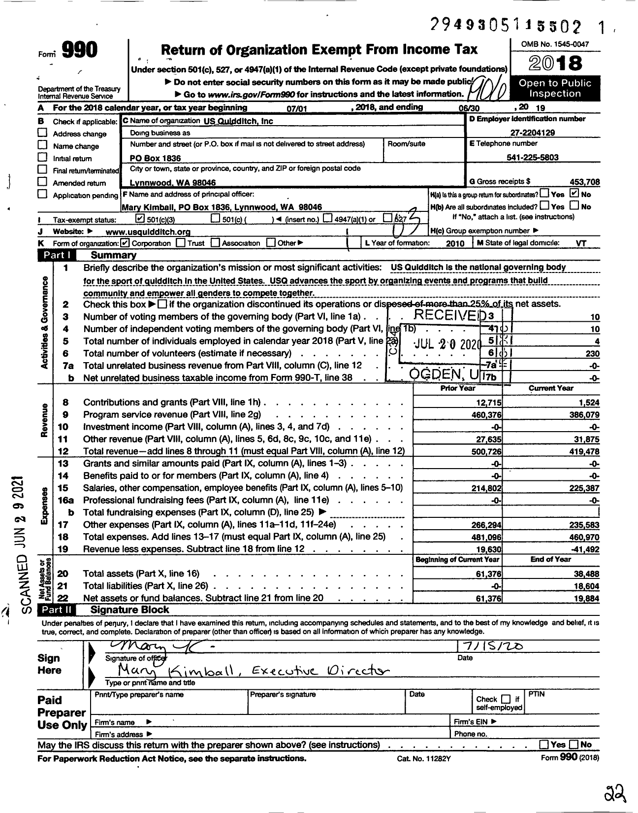 Image of first page of 2018 Form 990 for US Quadball