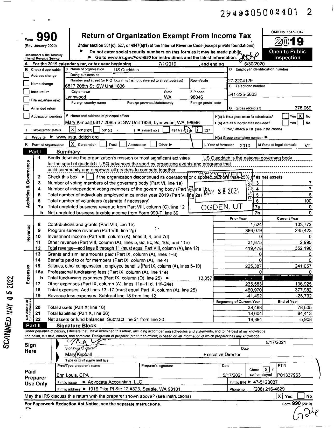 Image of first page of 2019 Form 990 for US Quadball