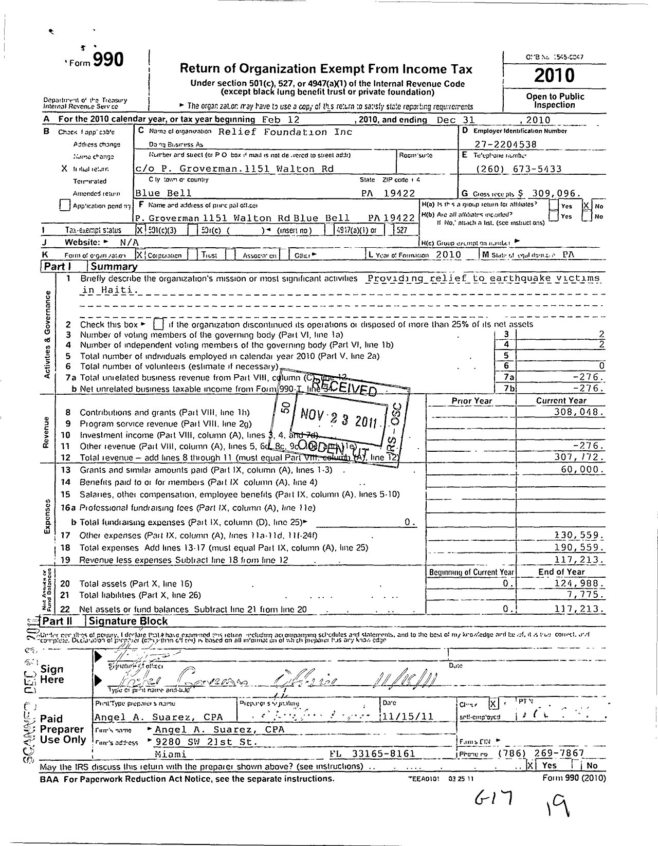 Image of first page of 2010 Form 990 for The Relief Foundation