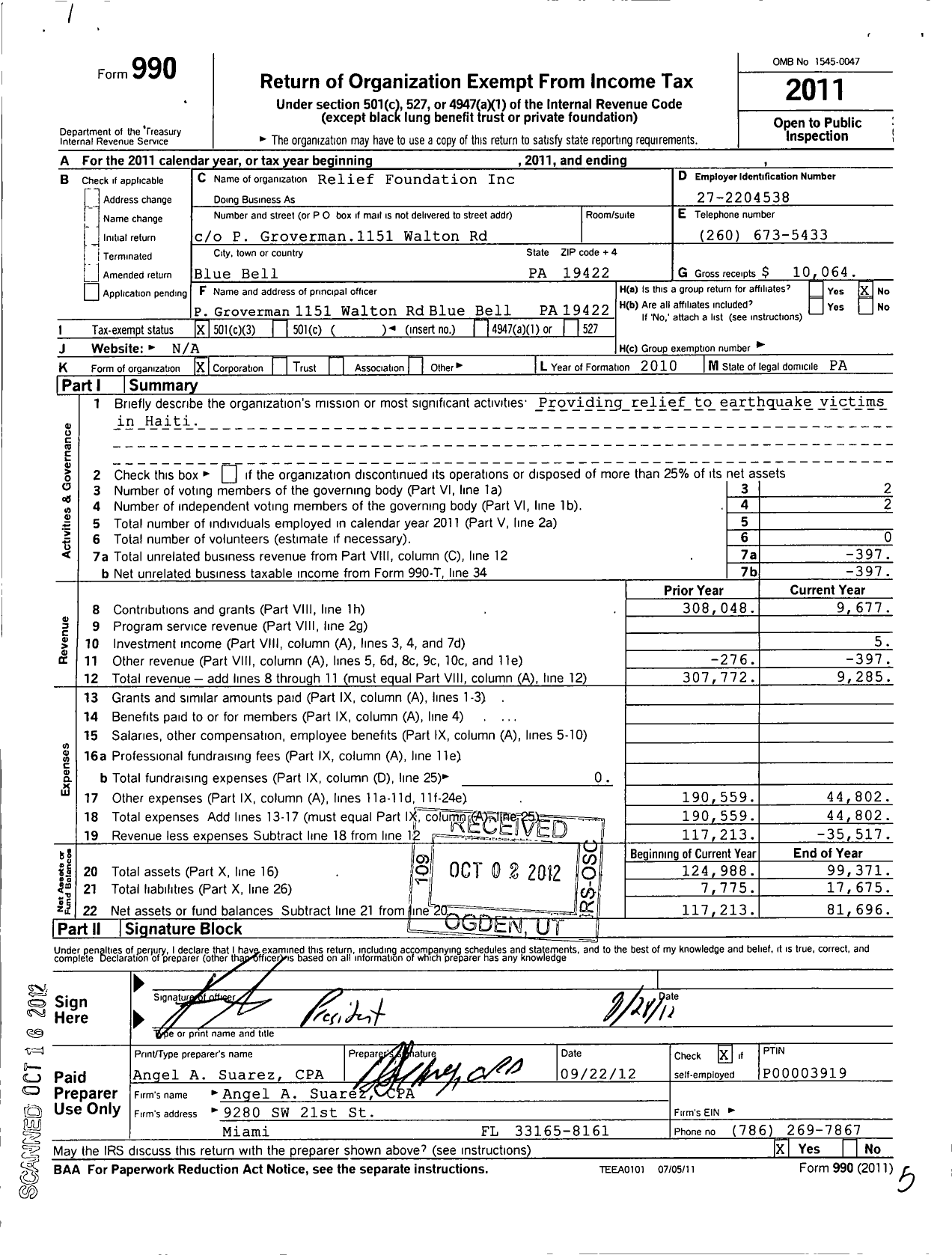 Image of first page of 2011 Form 990 for The Relief Foundation