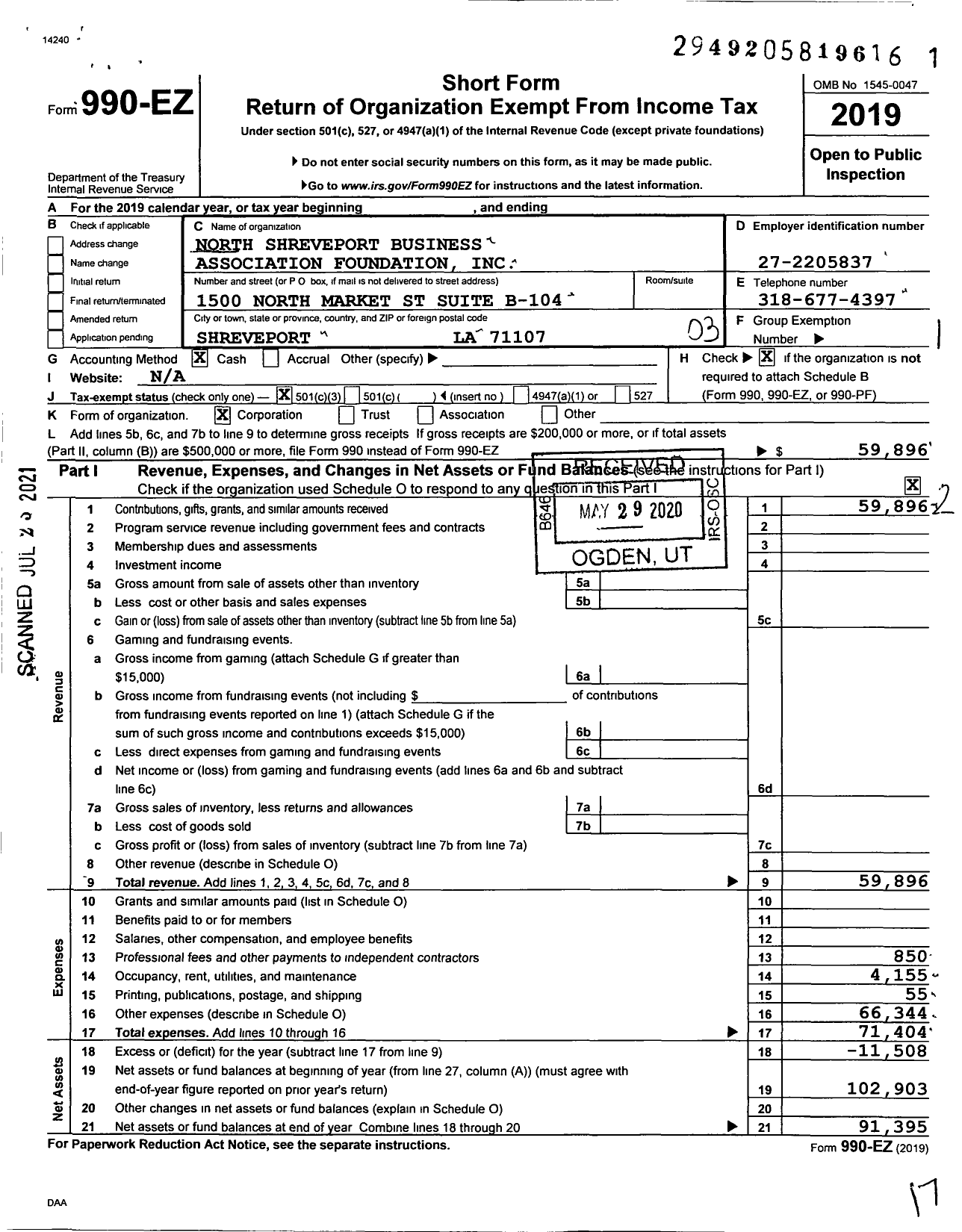 Image of first page of 2019 Form 990EZ for North Shreveport Business Association Foundation