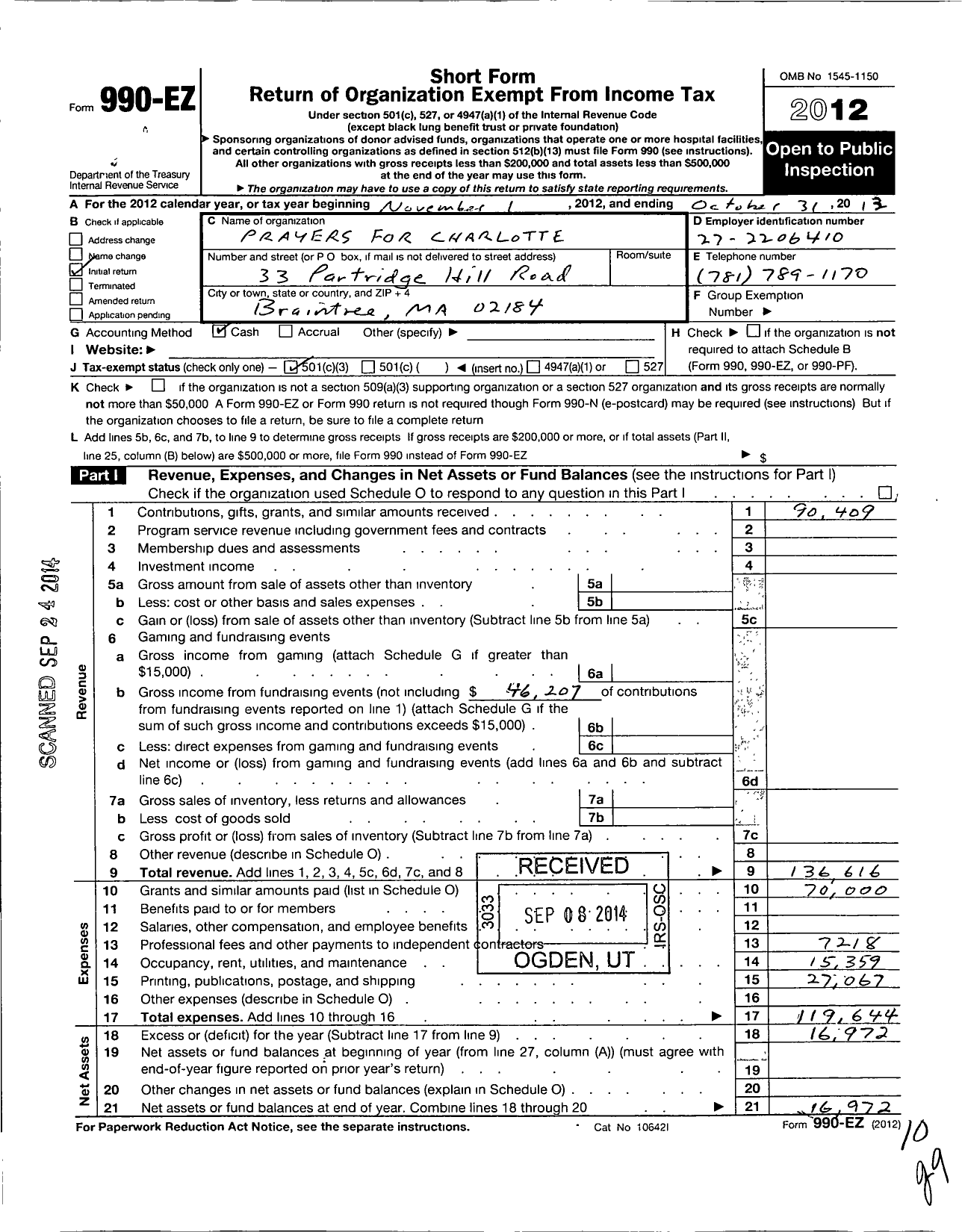 Image of first page of 2012 Form 990EZ for Prayers for Charlotte