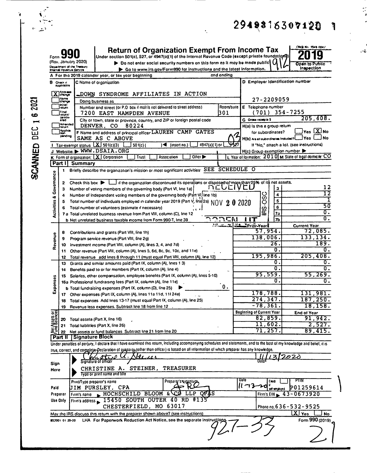 Image of first page of 2019 Form 990 for Down Syndrome Affiliates in Action