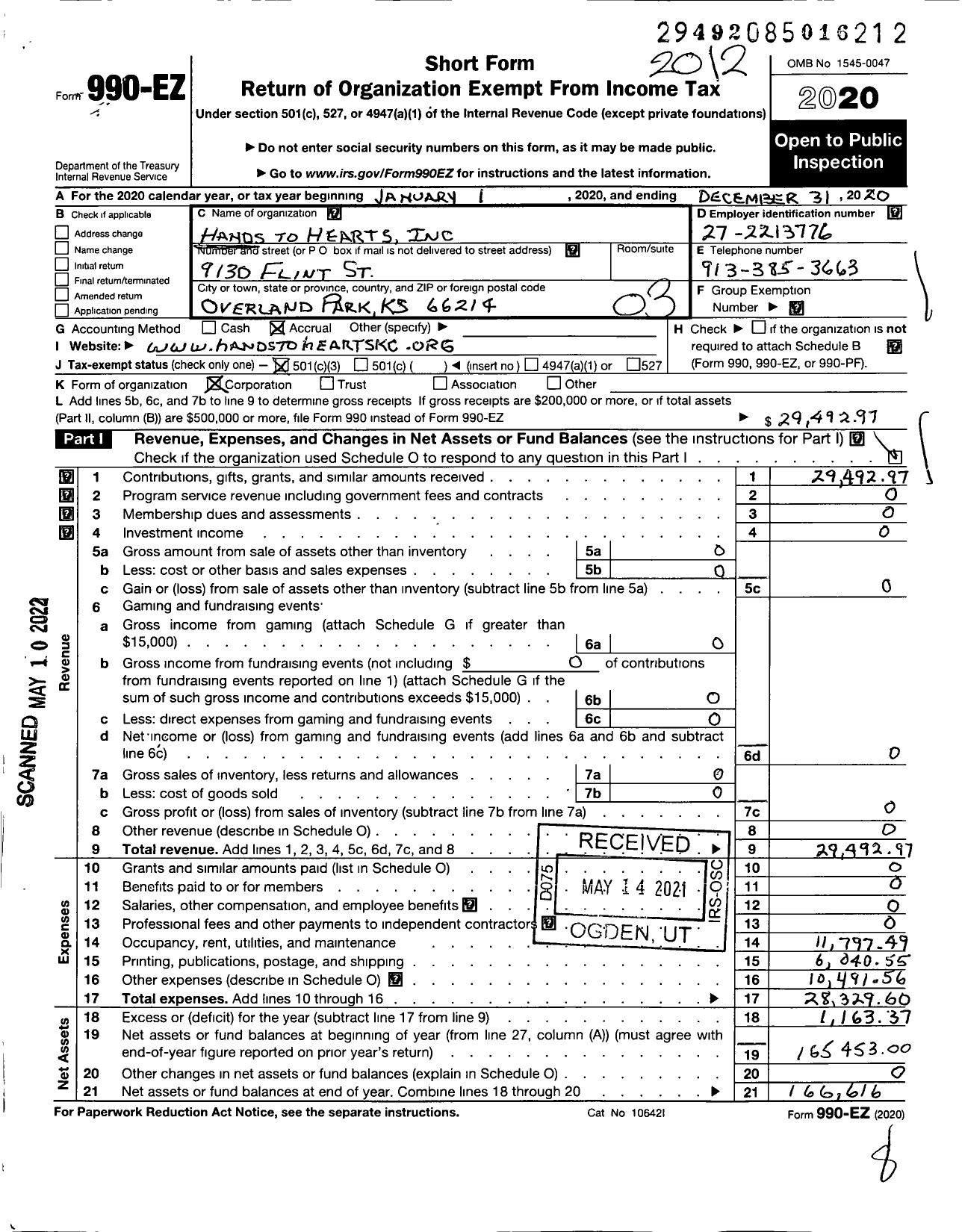 Image of first page of 2020 Form 990EZ for Hands To Hearts