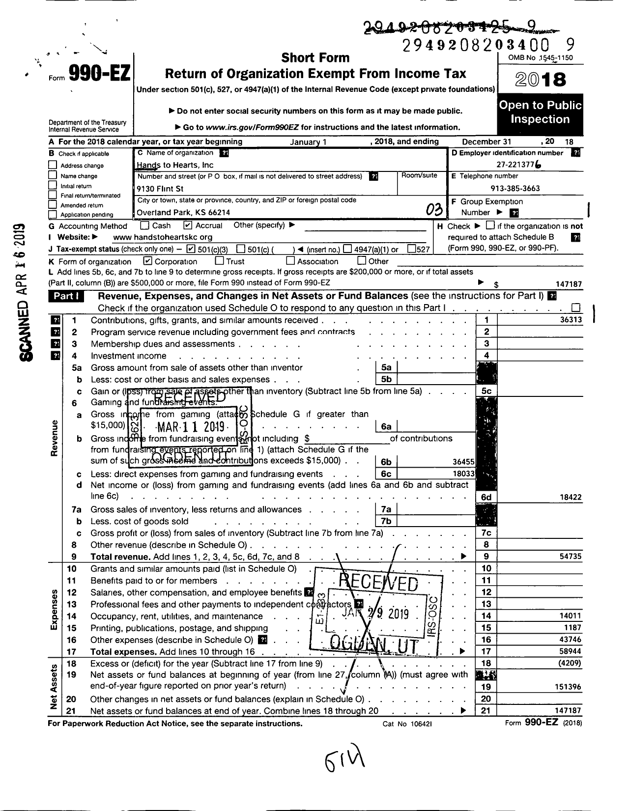 Image of first page of 2018 Form 990EZ for Hands To Hearts