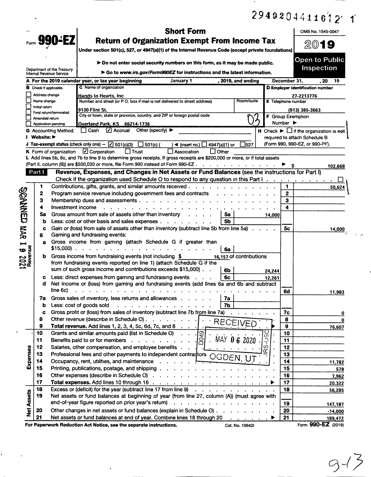 Image of first page of 2019 Form 990EZ for Hands To Hearts