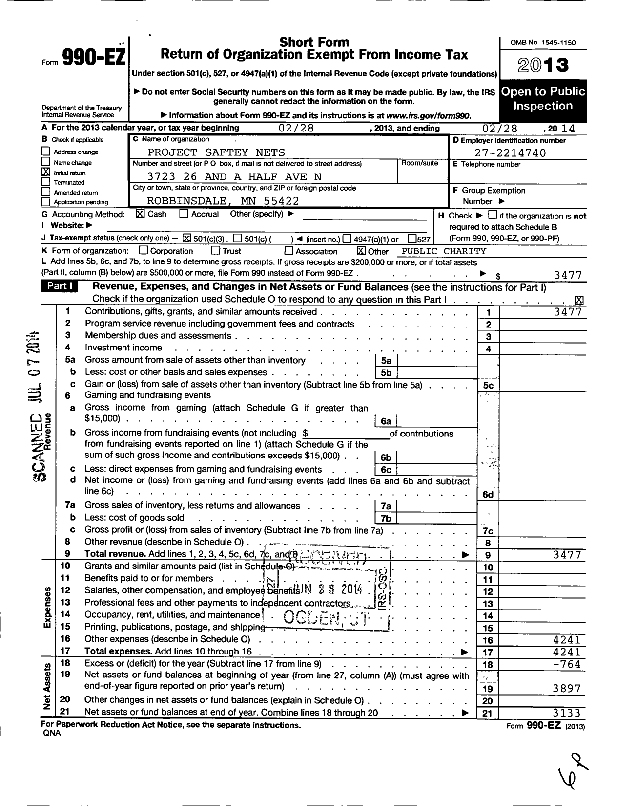 Image of first page of 2013 Form 990EZ for Project Safety Nets