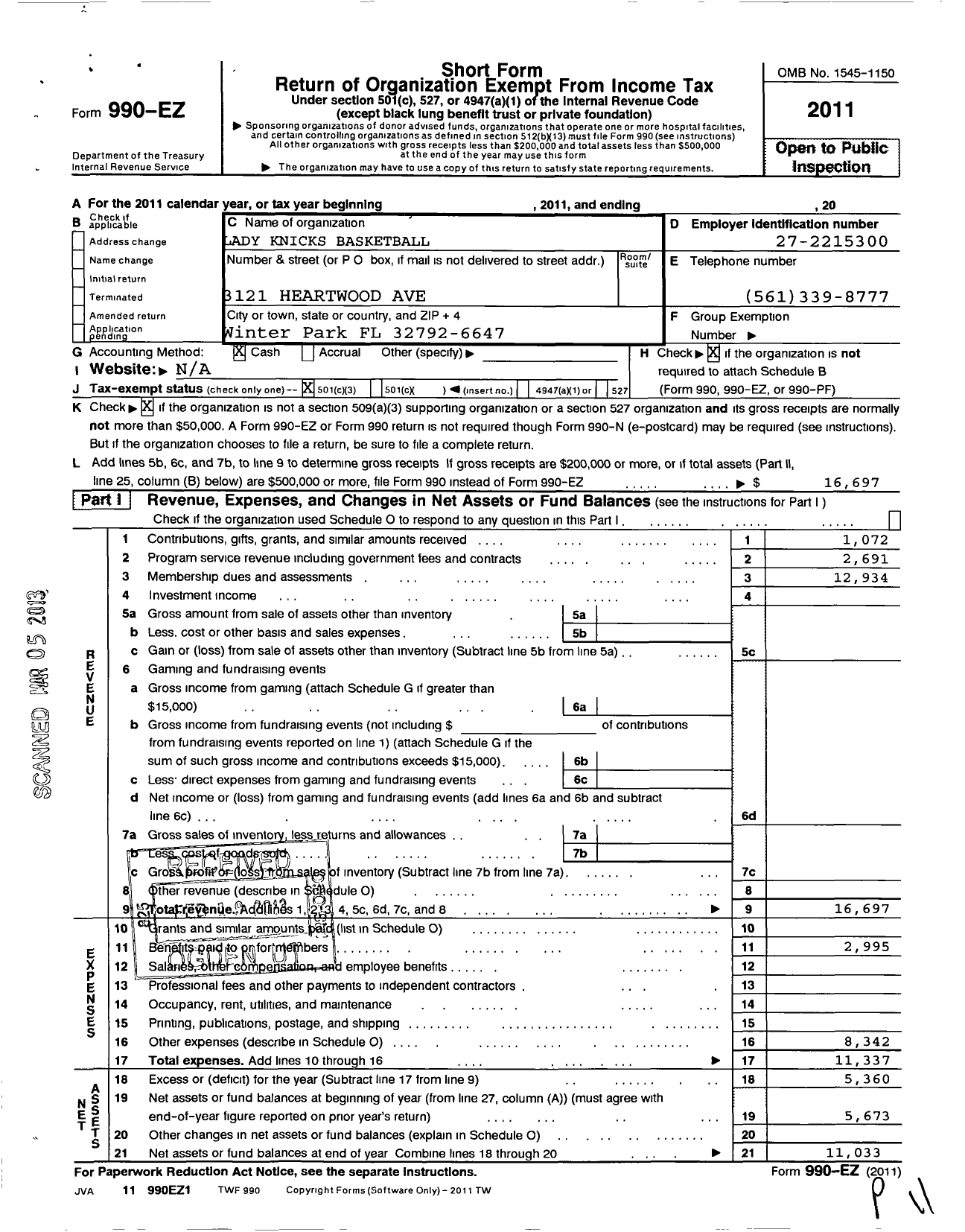 Image of first page of 2011 Form 990EZ for Amateur Athletic Union - Orlando Basketball Club-Lady Knicks