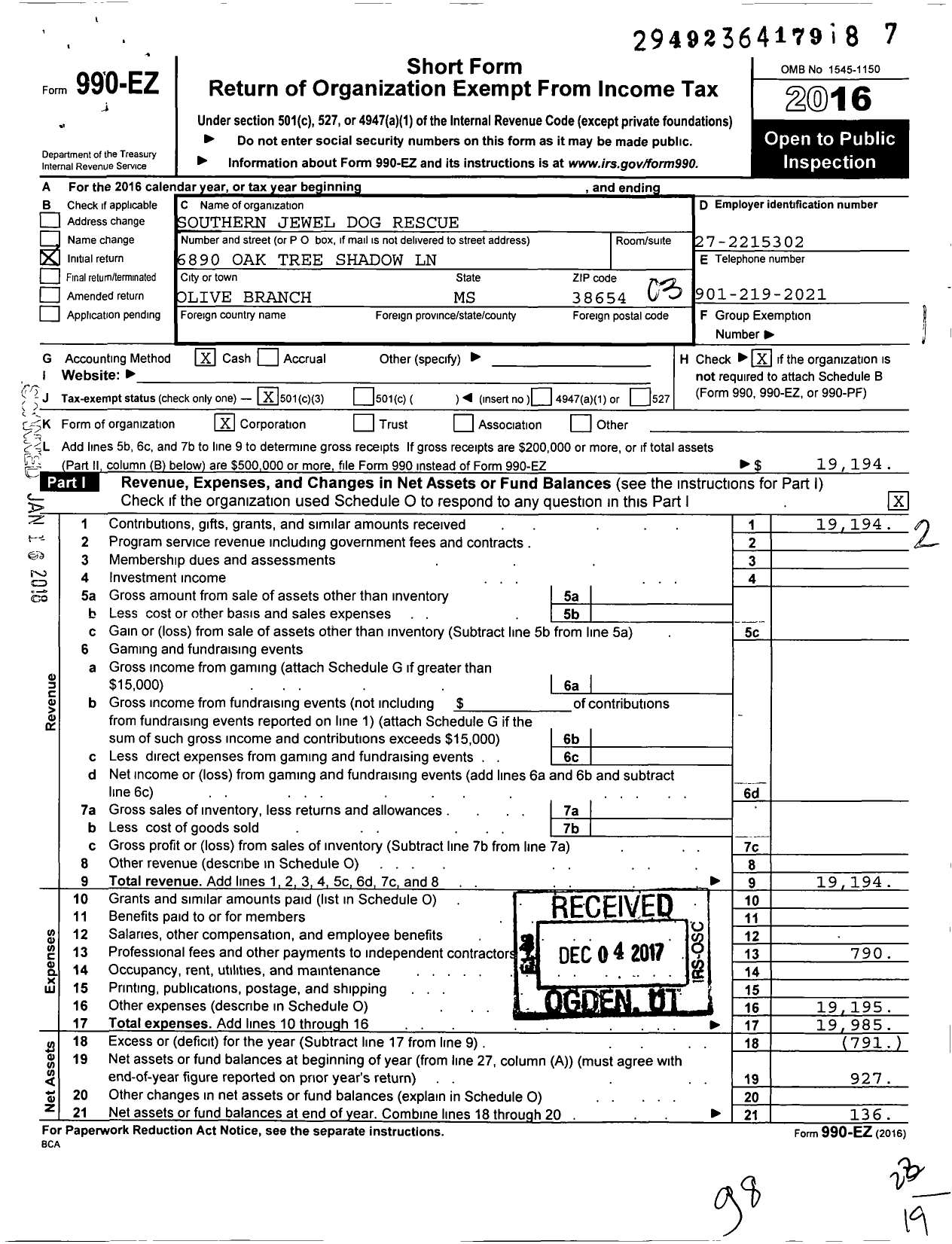 Image of first page of 2016 Form 990EZ for Southern Jewel Dog Rescue