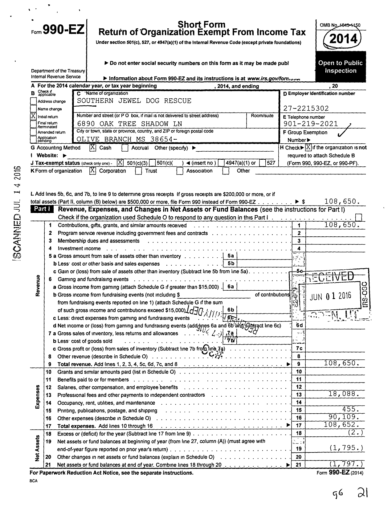 Image of first page of 2014 Form 990EZ for Southern Jewel Dog Rescue