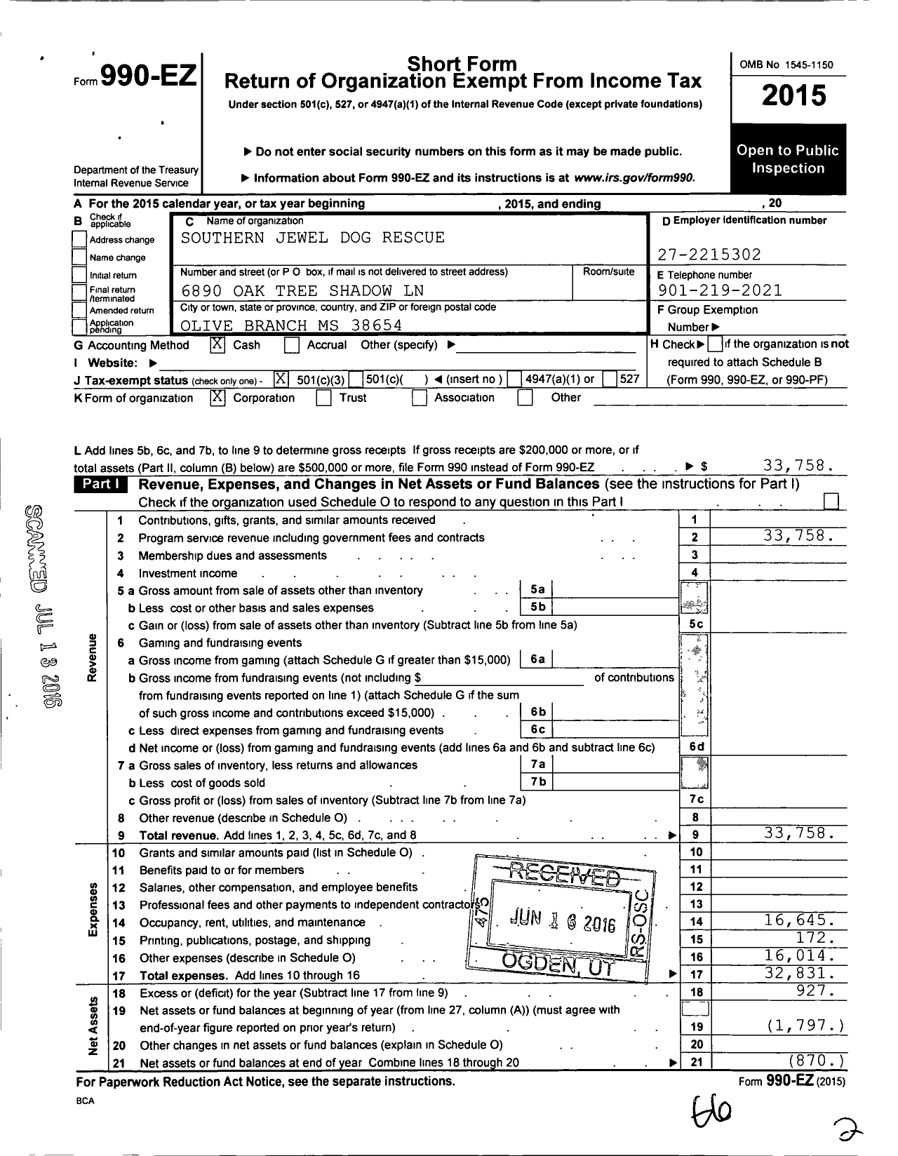 Image of first page of 2015 Form 990EZ for Southern Jewel Dog Rescue