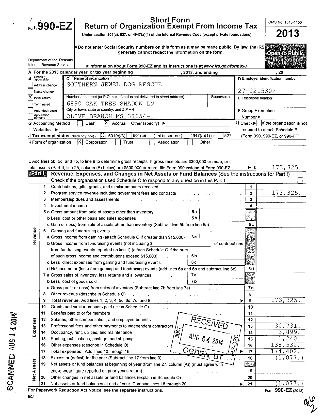 Image of first page of 2013 Form 990EZ for Southern Jewel Dog Rescue