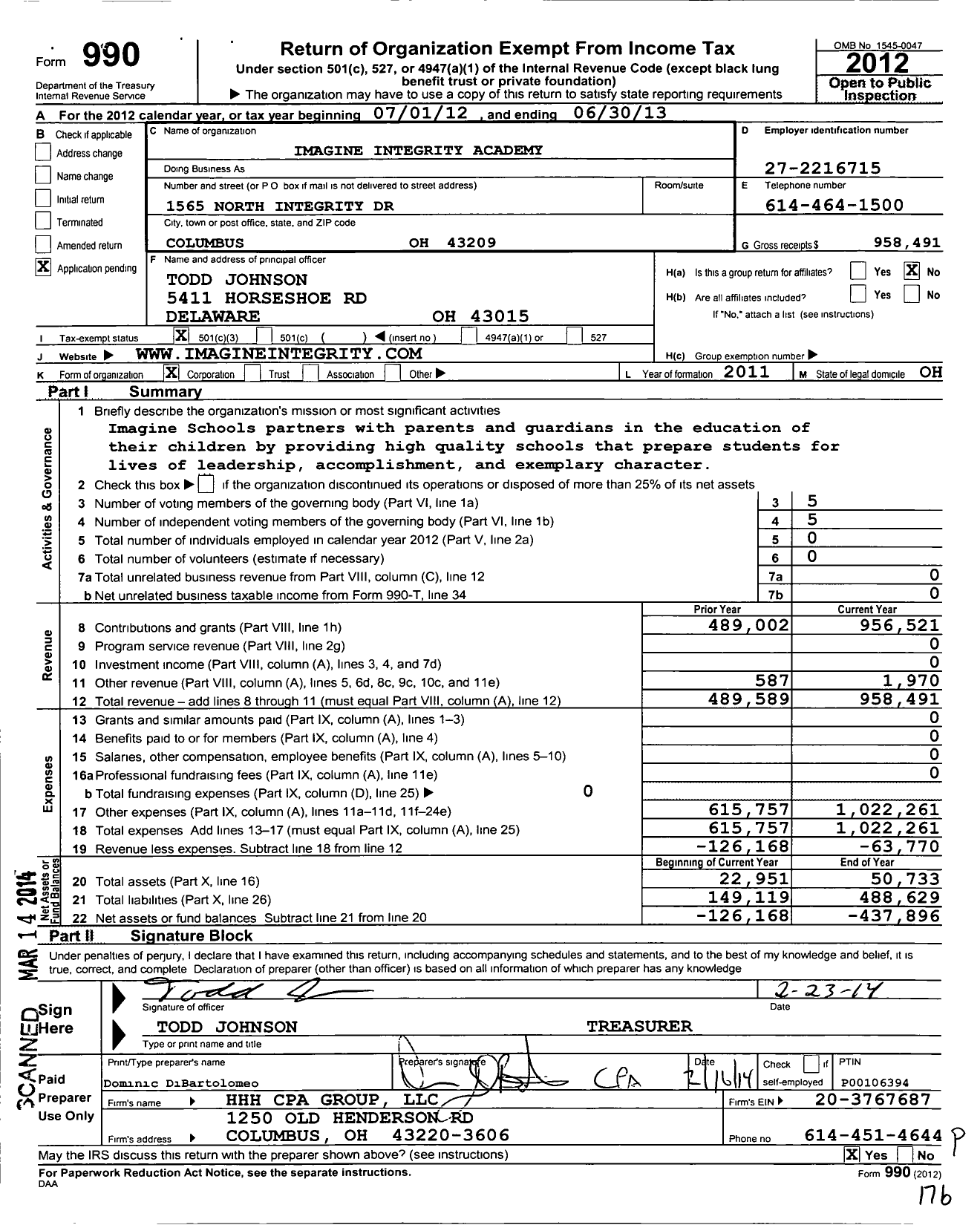 Image of first page of 2012 Form 990 for Integrity Academy