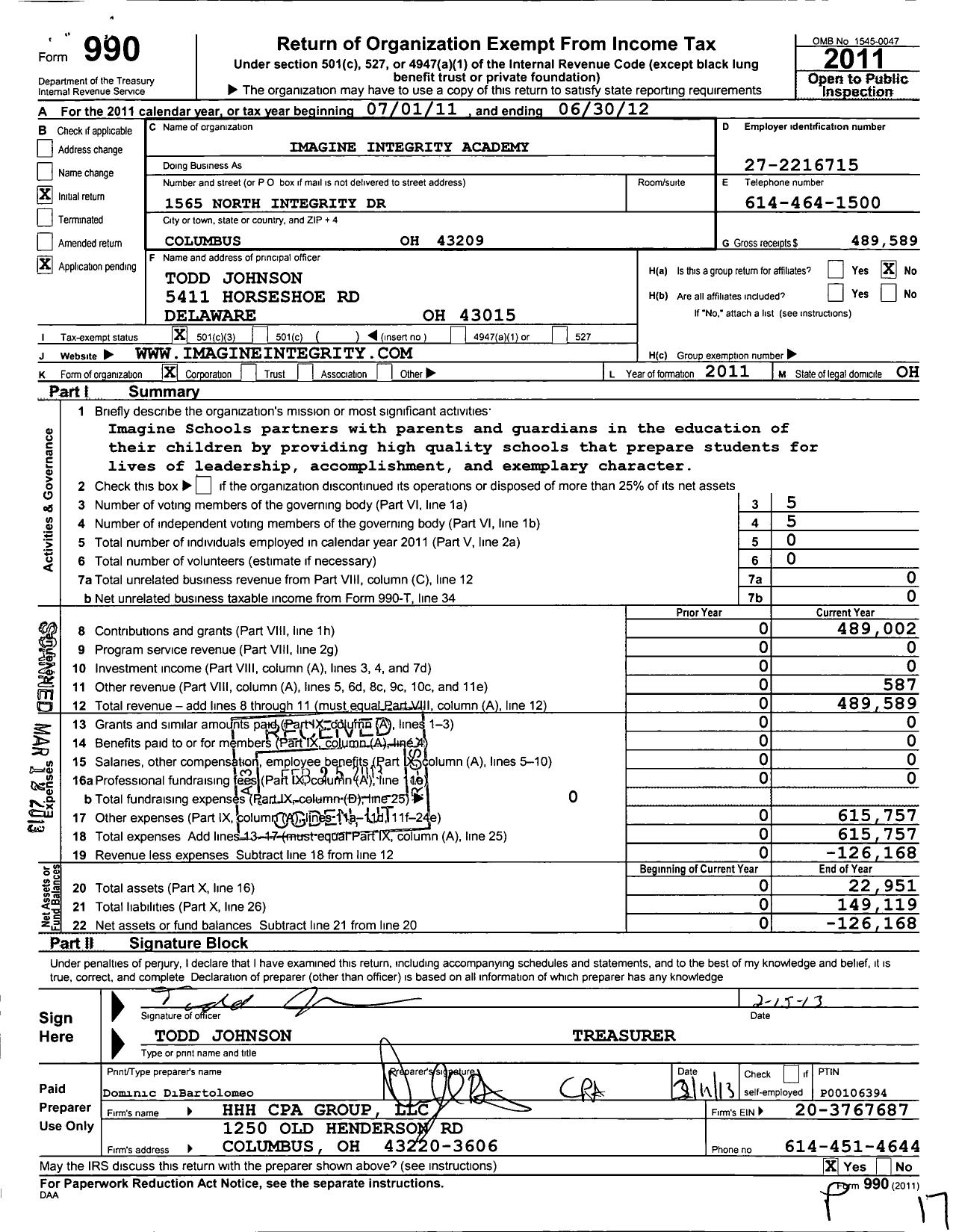 Image of first page of 2011 Form 990 for Integrity Academy