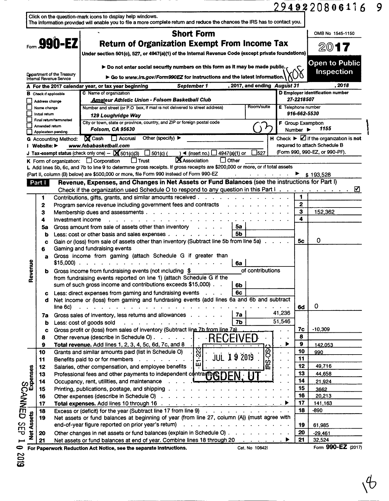 Image of first page of 2017 Form 990EZ for Amateur Athletic Union - Folsom Basketball Club