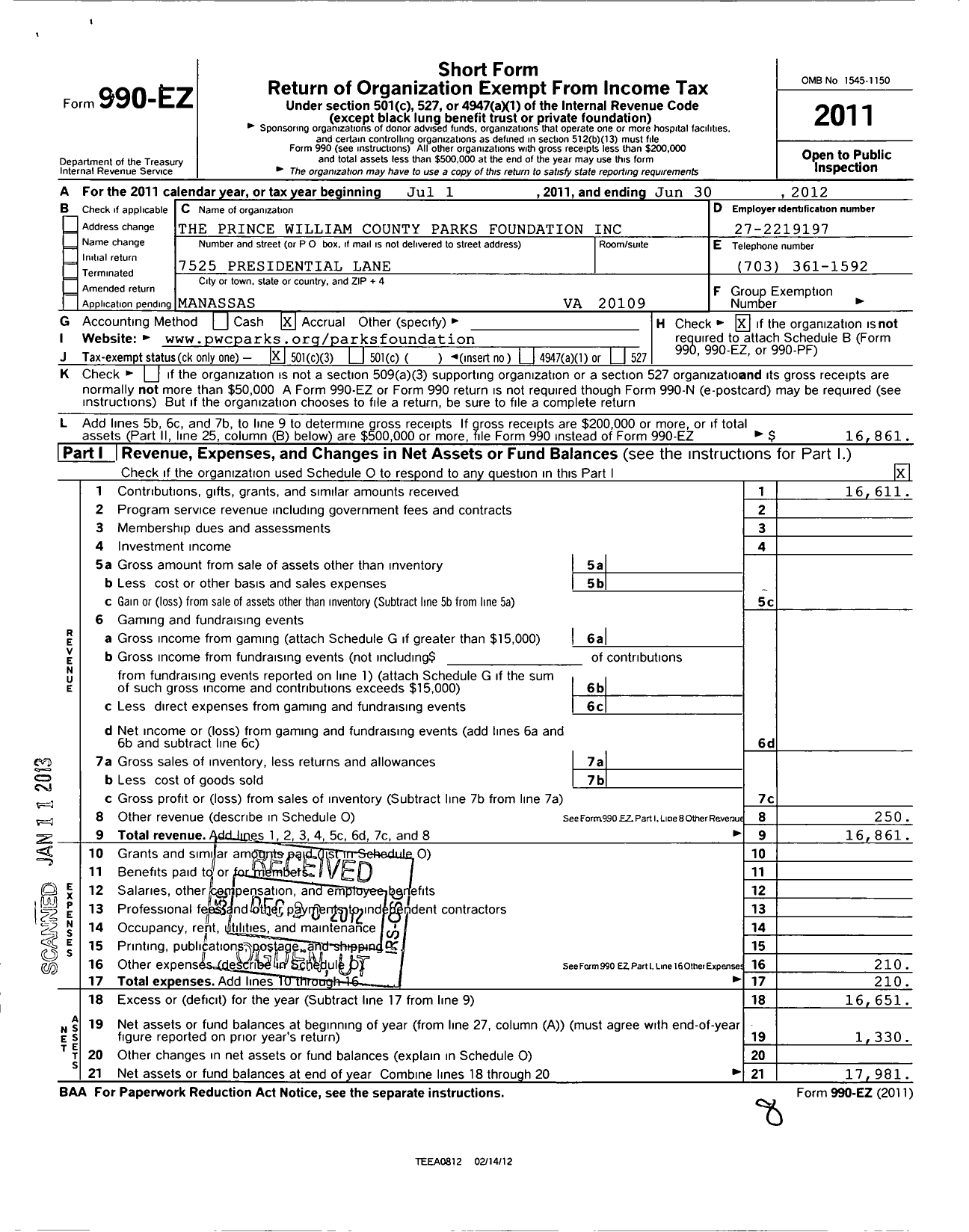 Image of first page of 2011 Form 990EZ for Prince William County Parks Foundation