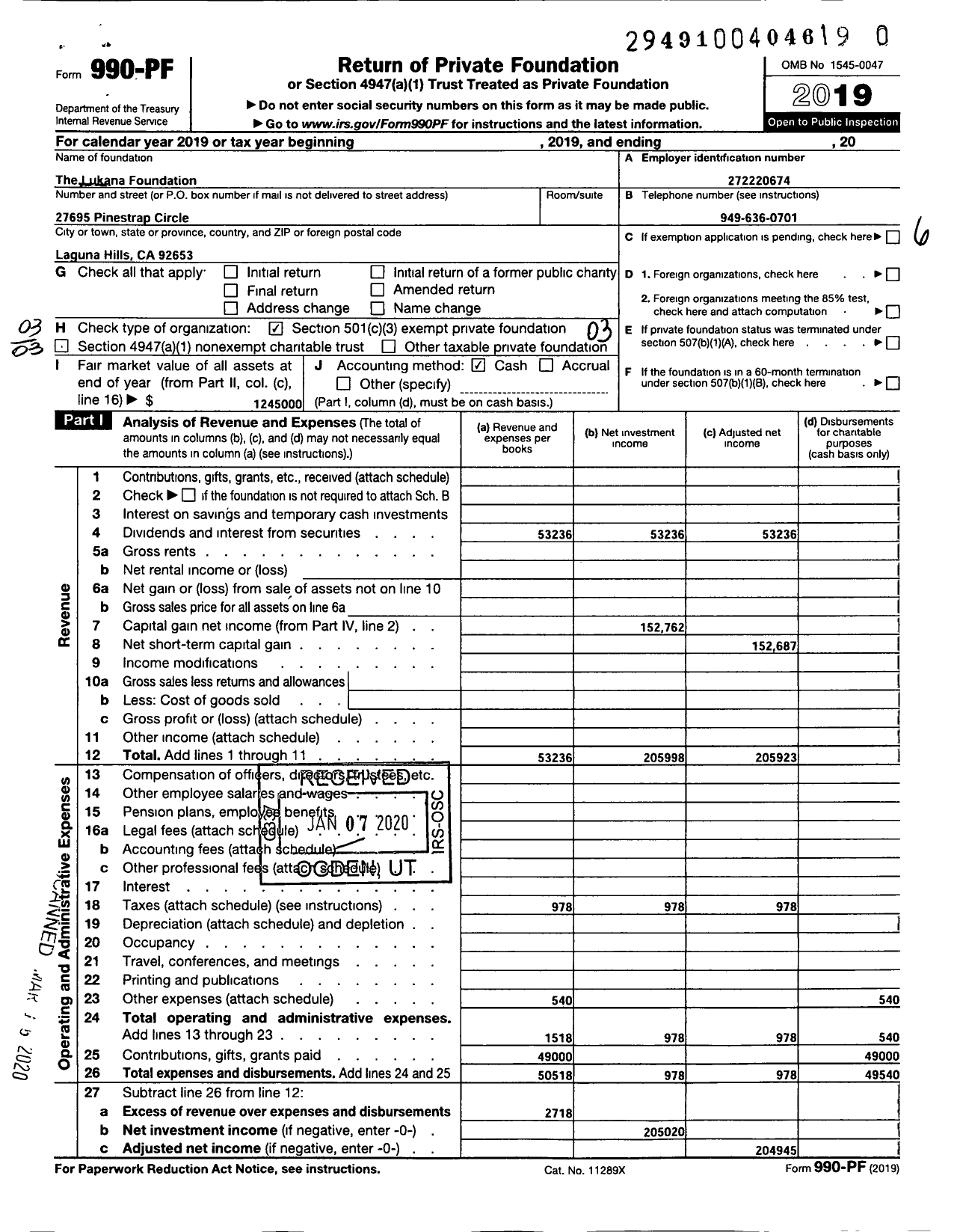Image of first page of 2019 Form 990PR for Lukana Foundation