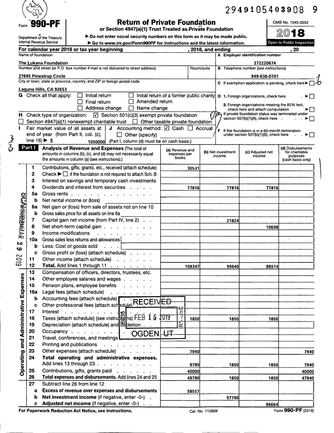Image of first page of 2018 Form 990PF for Lukana Foundation