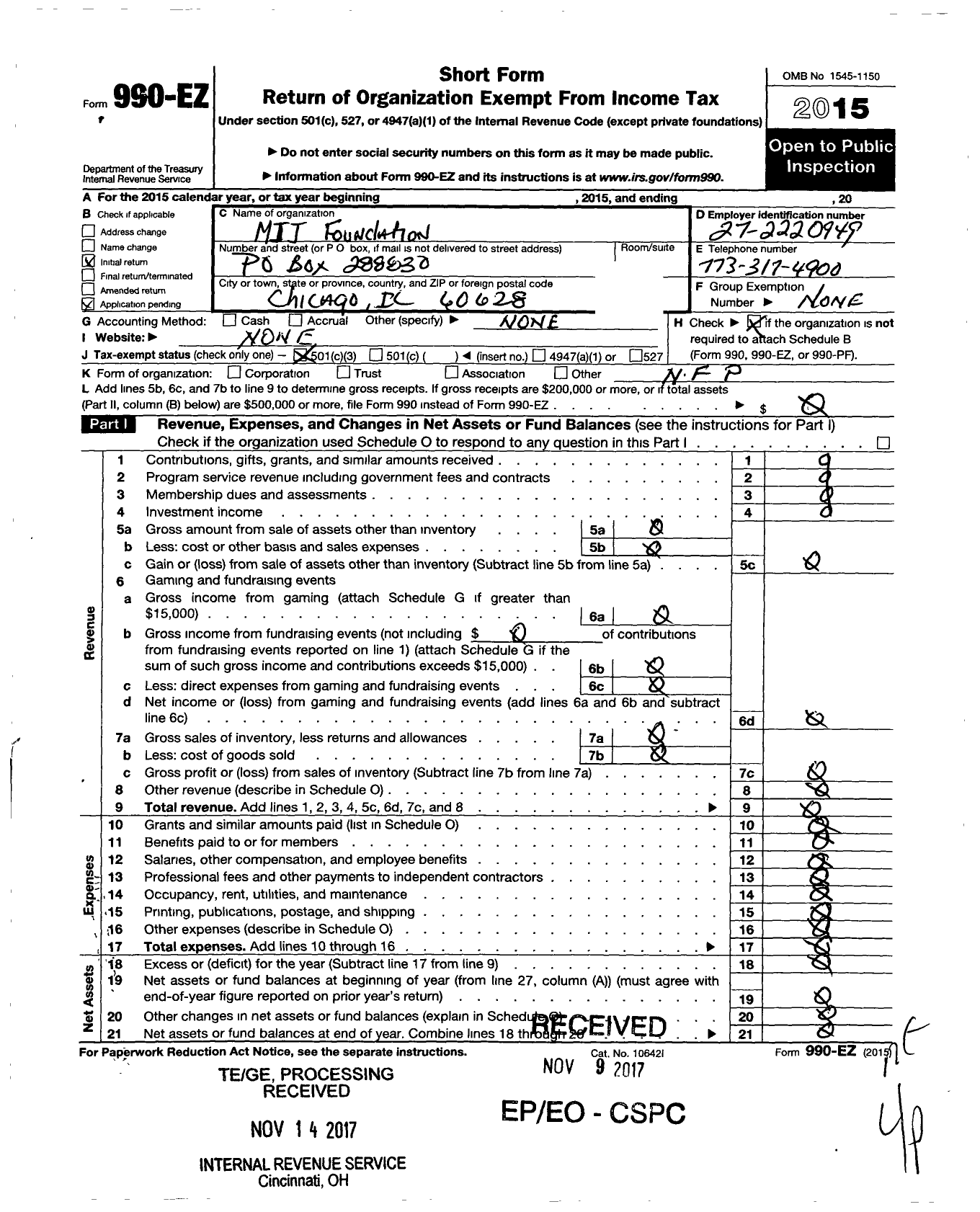 Image of first page of 2015 Form 990EZ for MJJ Foundation NFP