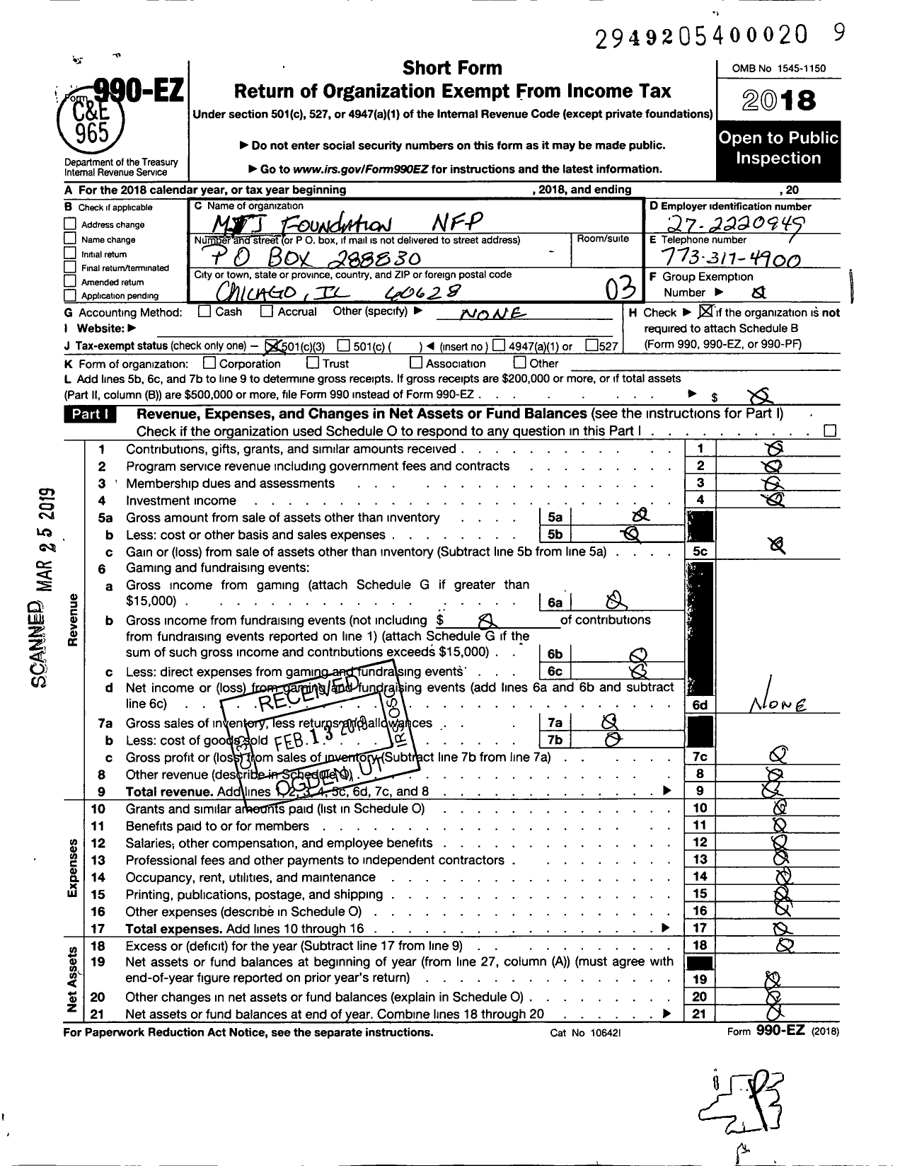 Image of first page of 2018 Form 990EZ for MJJ Foundation NFP