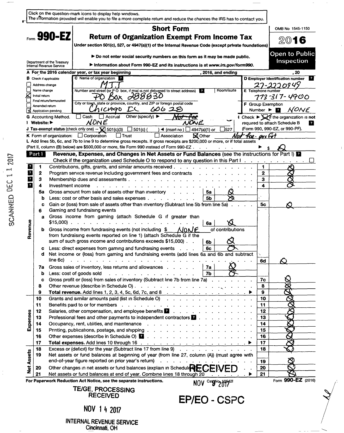 Image of first page of 2016 Form 990EZ for MJJ Foundation NFP