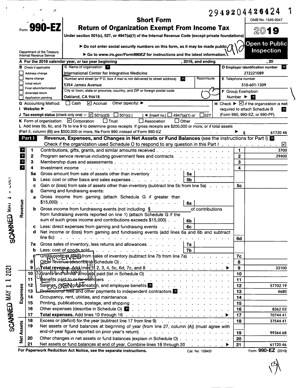 Image of first page of 2019 Form 990EZ for International Center for Integrative Medicine