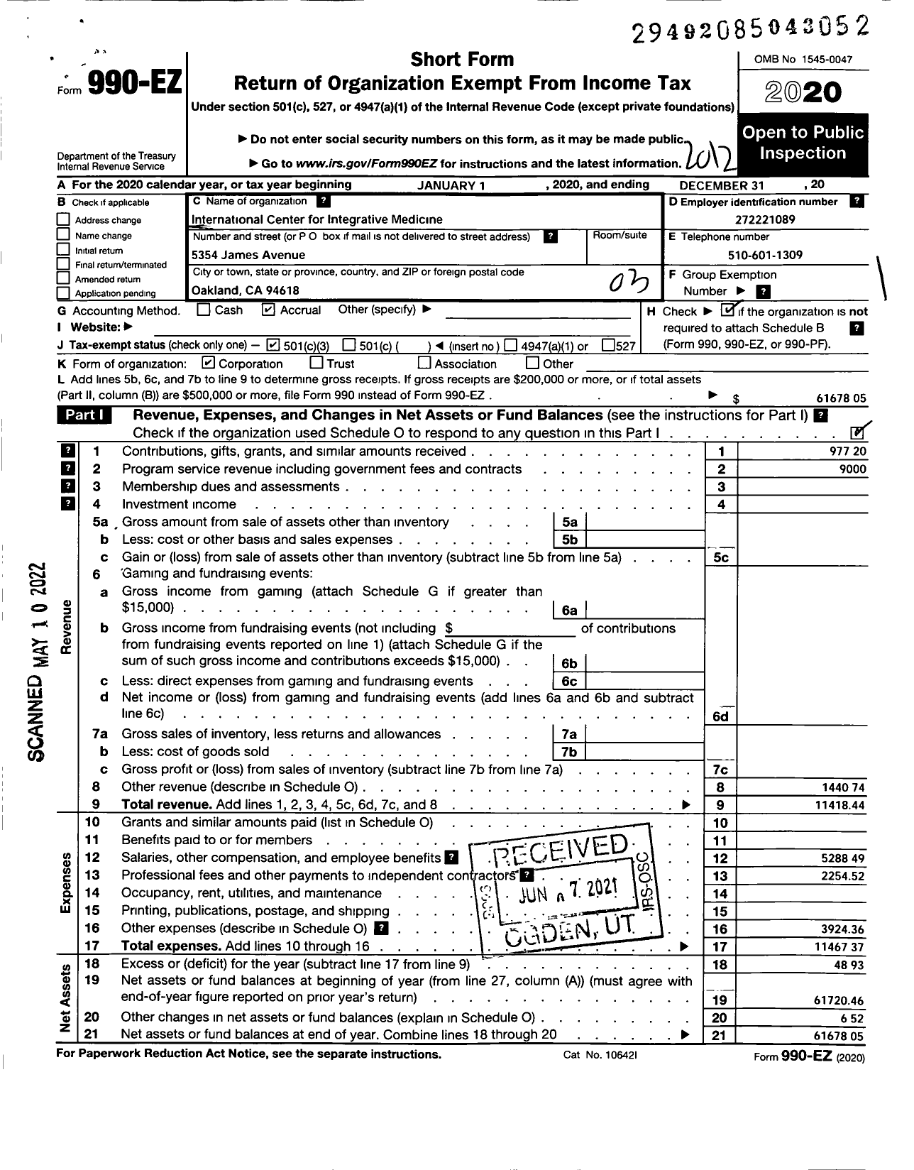 Image of first page of 2020 Form 990EZ for International Center for Integrative Medicine