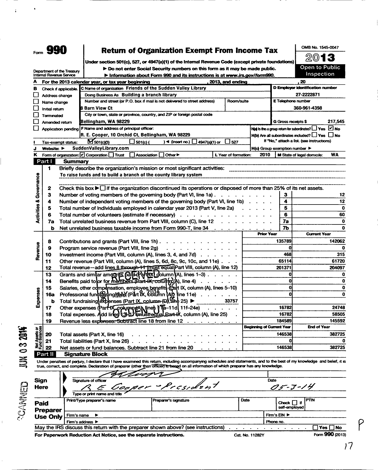 Image of first page of 2013 Form 990 for Friends of the South Whatcom Library