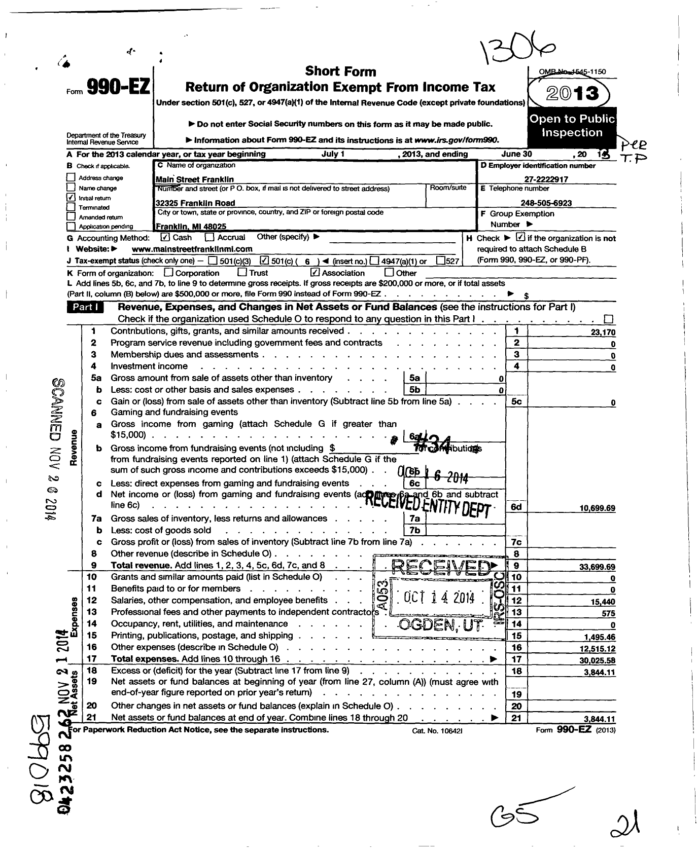 Image of first page of 2012 Form 990EO for Main Street Franklin