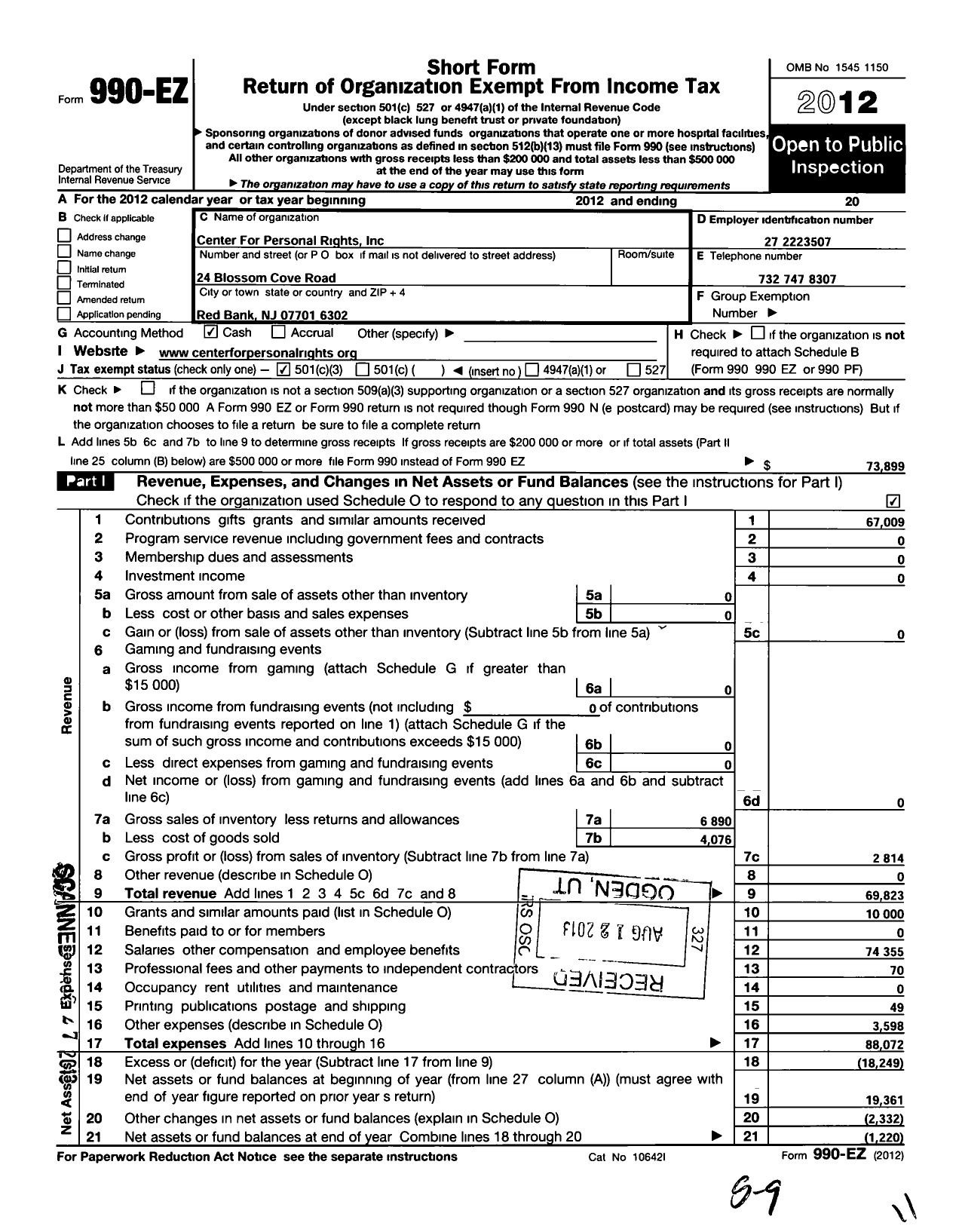 Image of first page of 2012 Form 990EZ for Center for Personal Rights