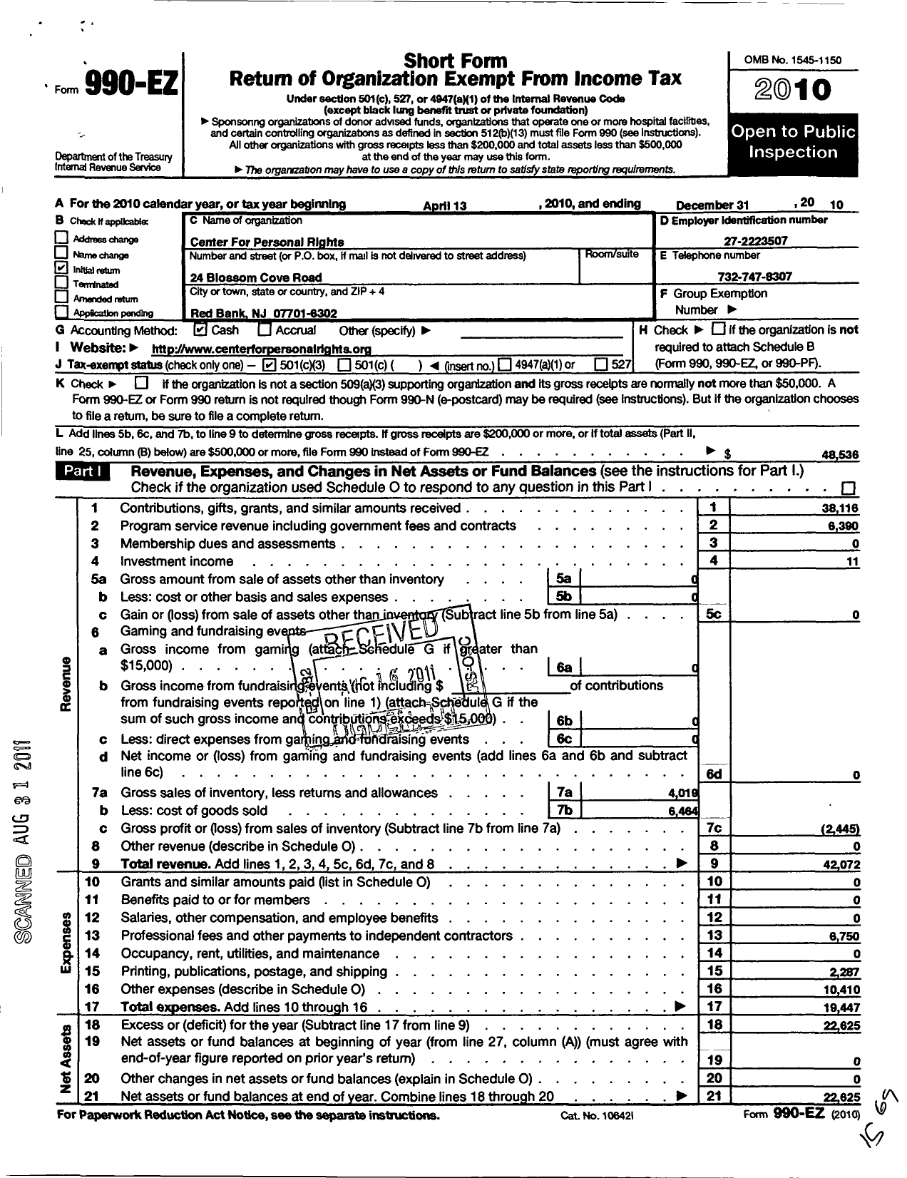 Image of first page of 2010 Form 990EZ for Center for Personal Rights