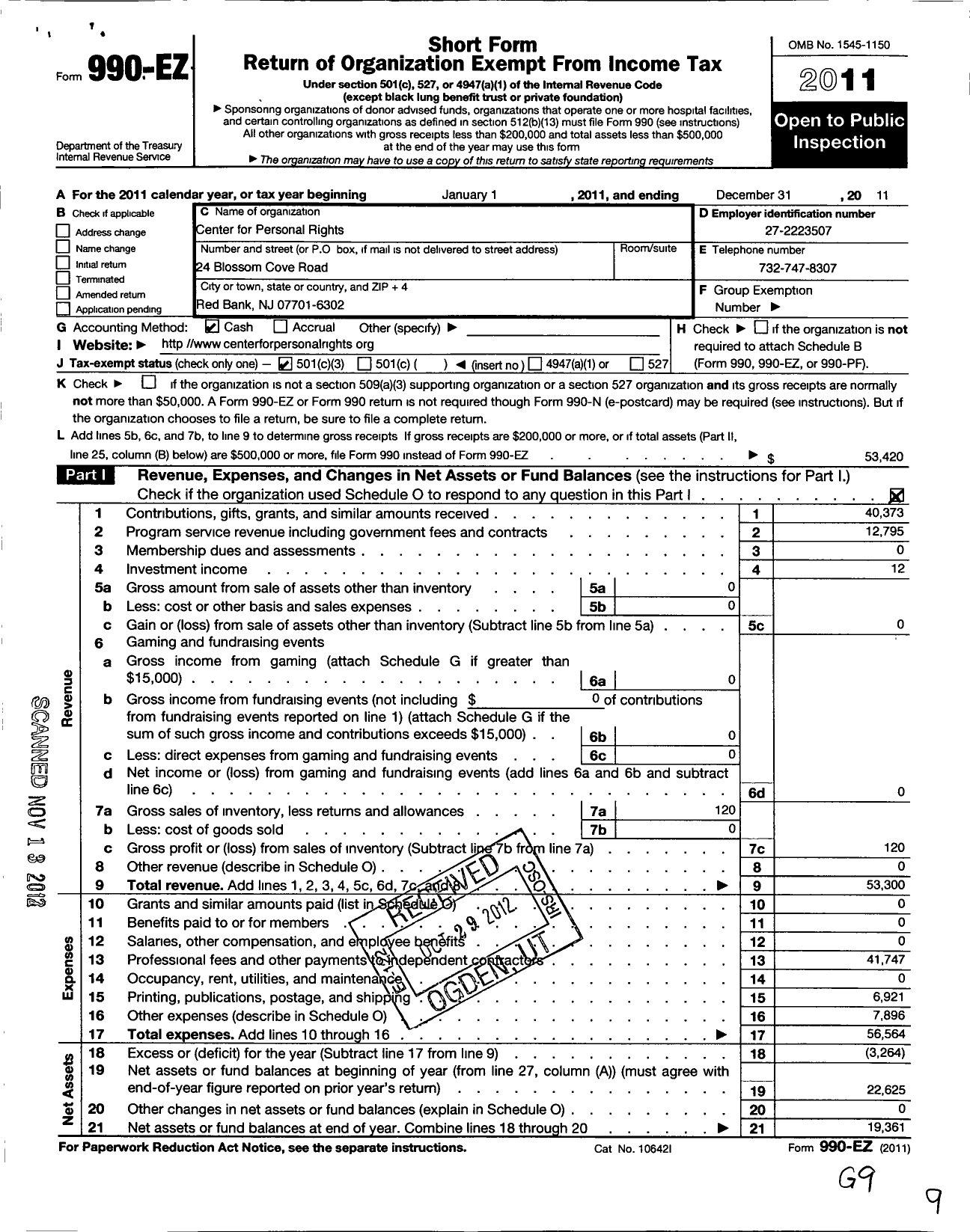 Image of first page of 2011 Form 990EZ for Center for Personal Rights